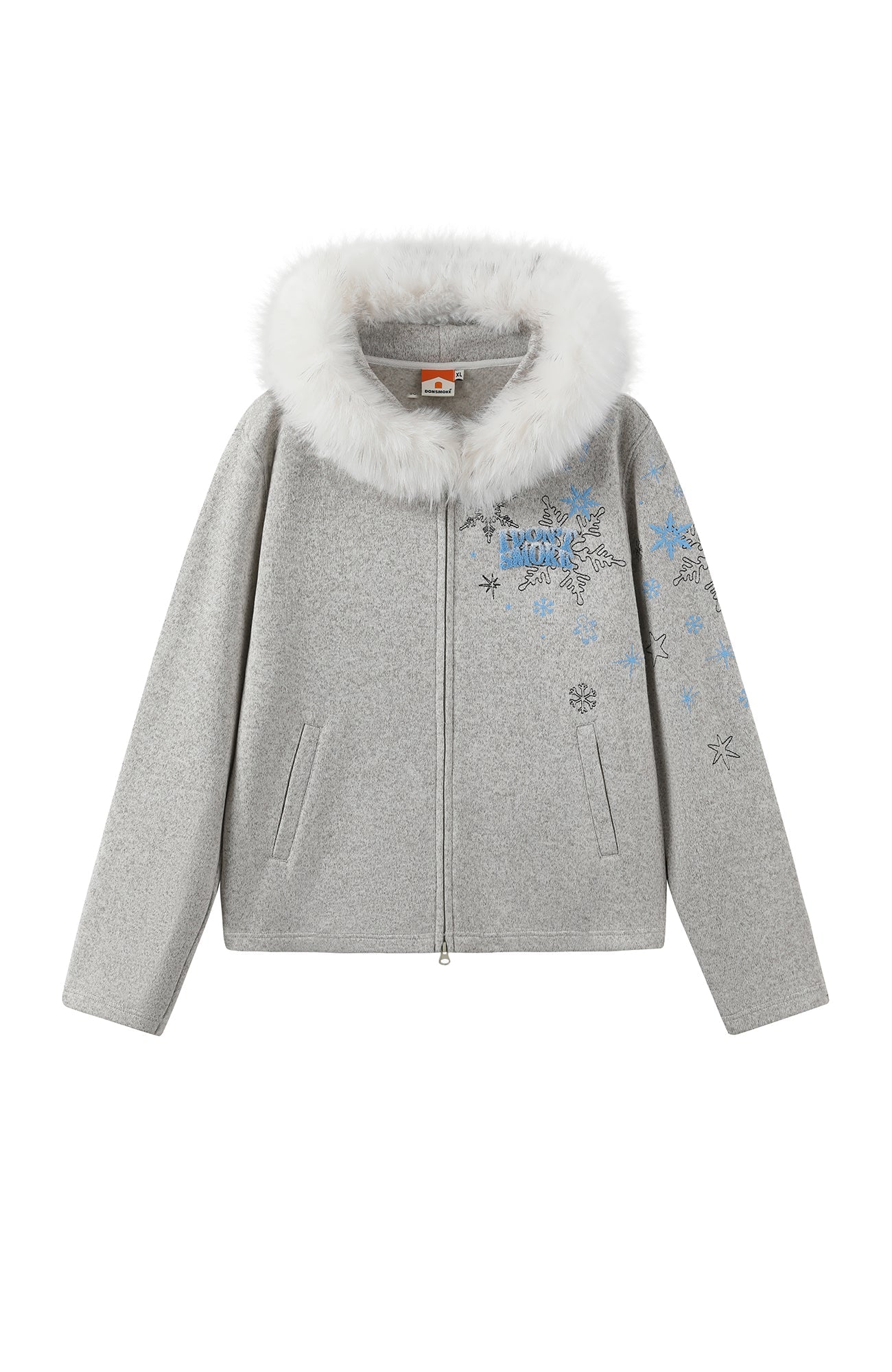 DONSMOKE Snowflake Embroidered Fleece-Lined Zip-Up Hoodie
