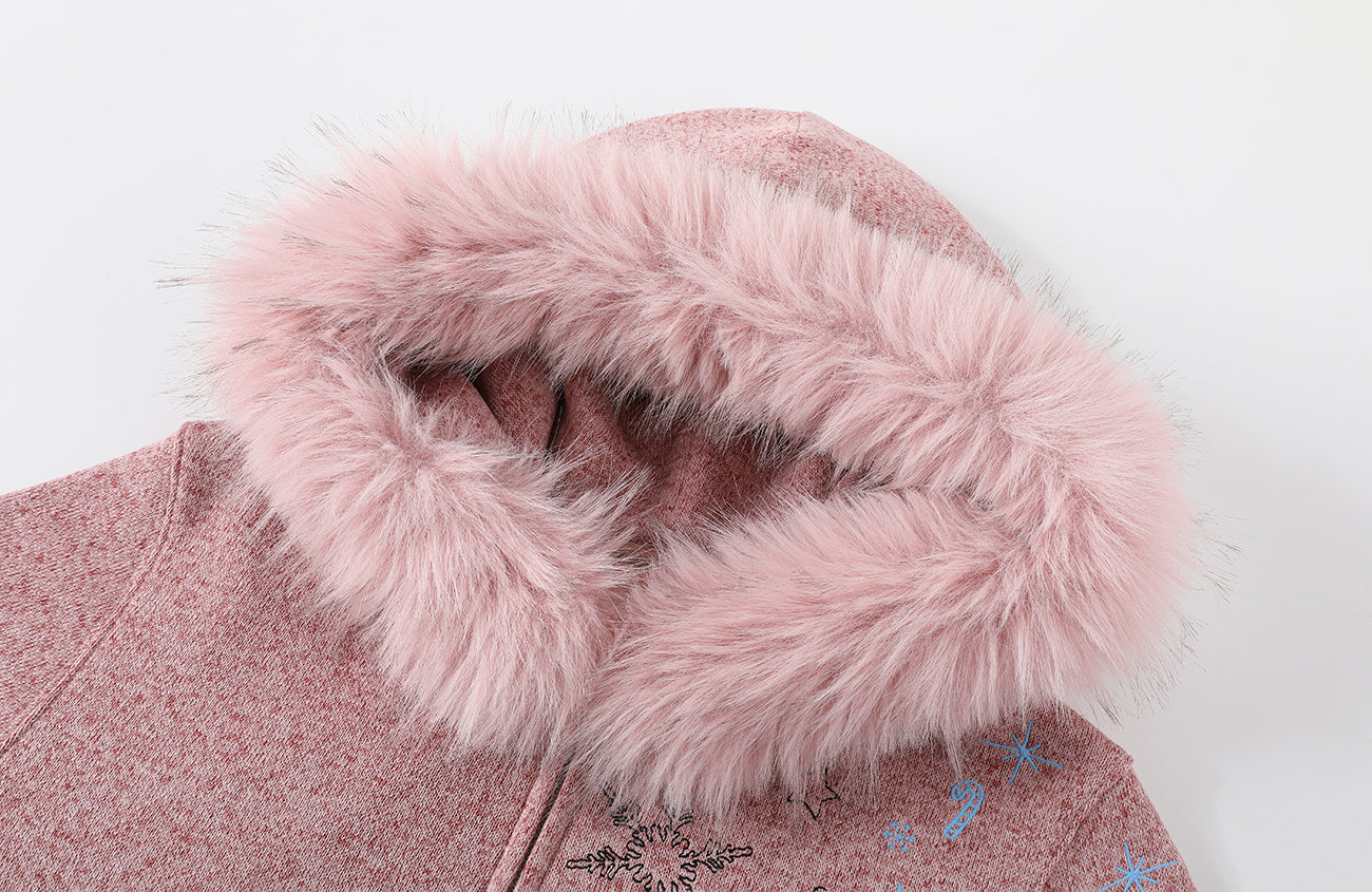 DONSMOKE Snowflake Embroidered Fleece-Lined Zip-Up Hoodie