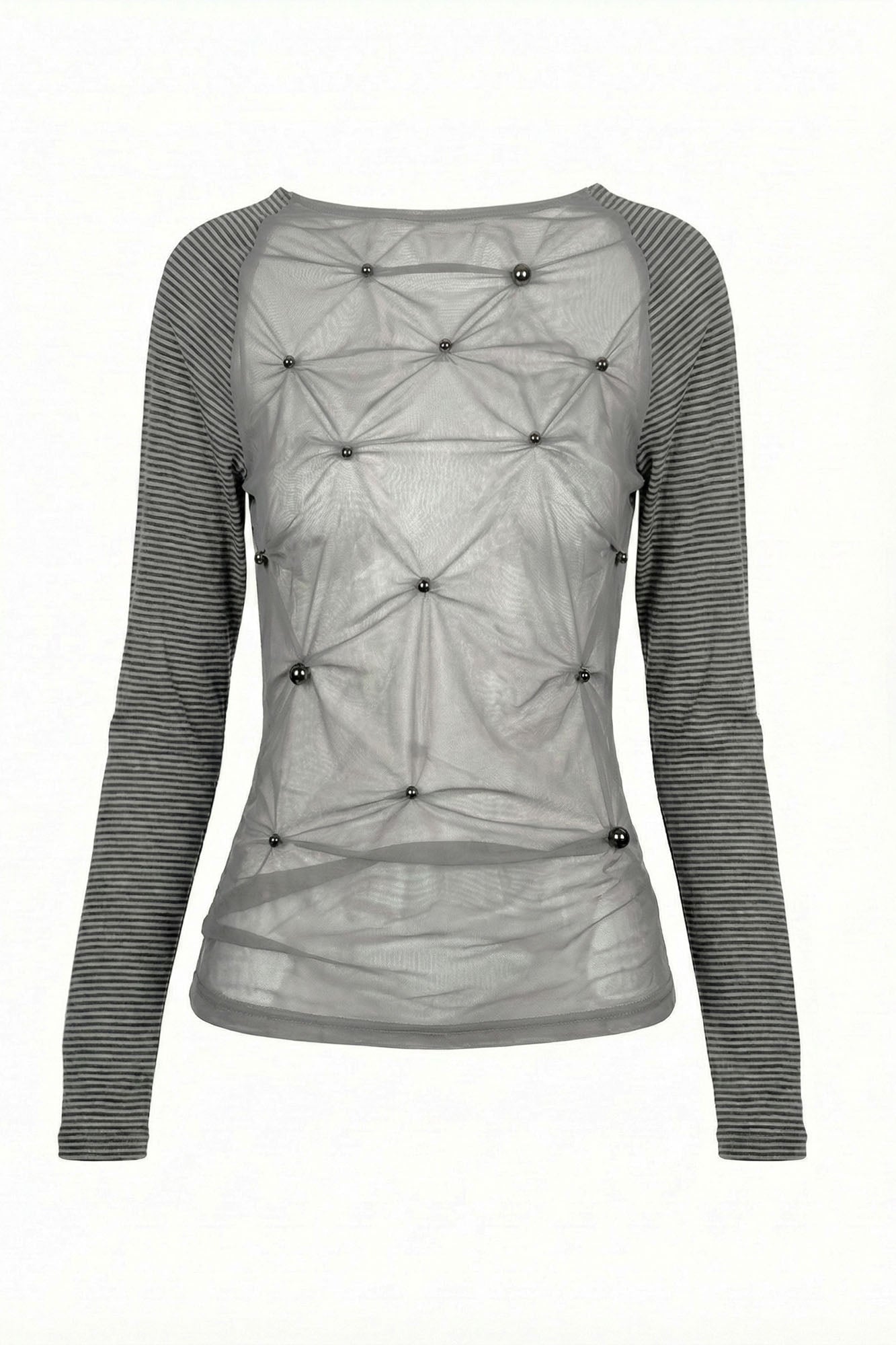 EMOHA Studded Mesh Panel Long-Sleeve Tee