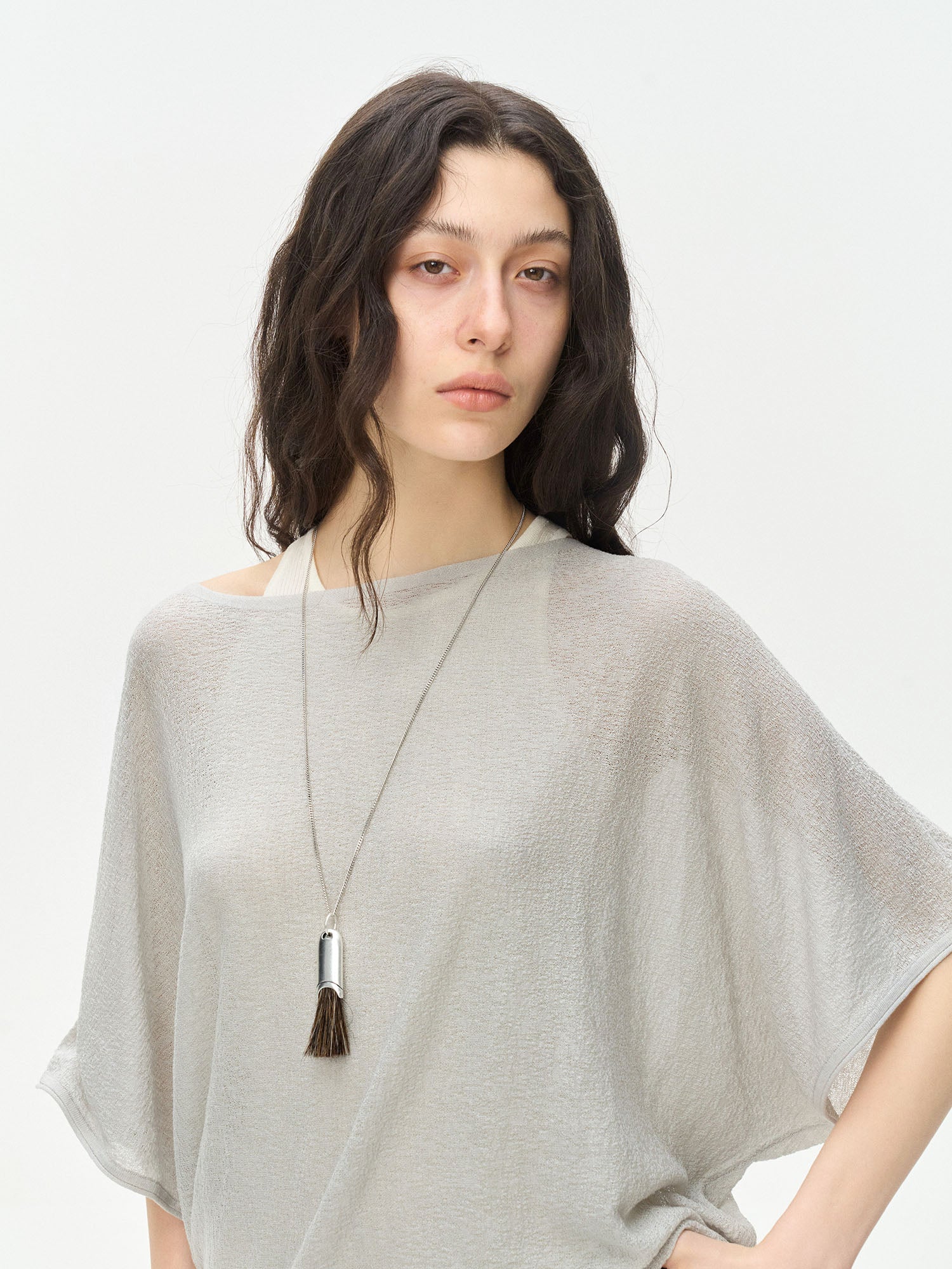LEONSENSE Sheer Draped Batwing Knit Top