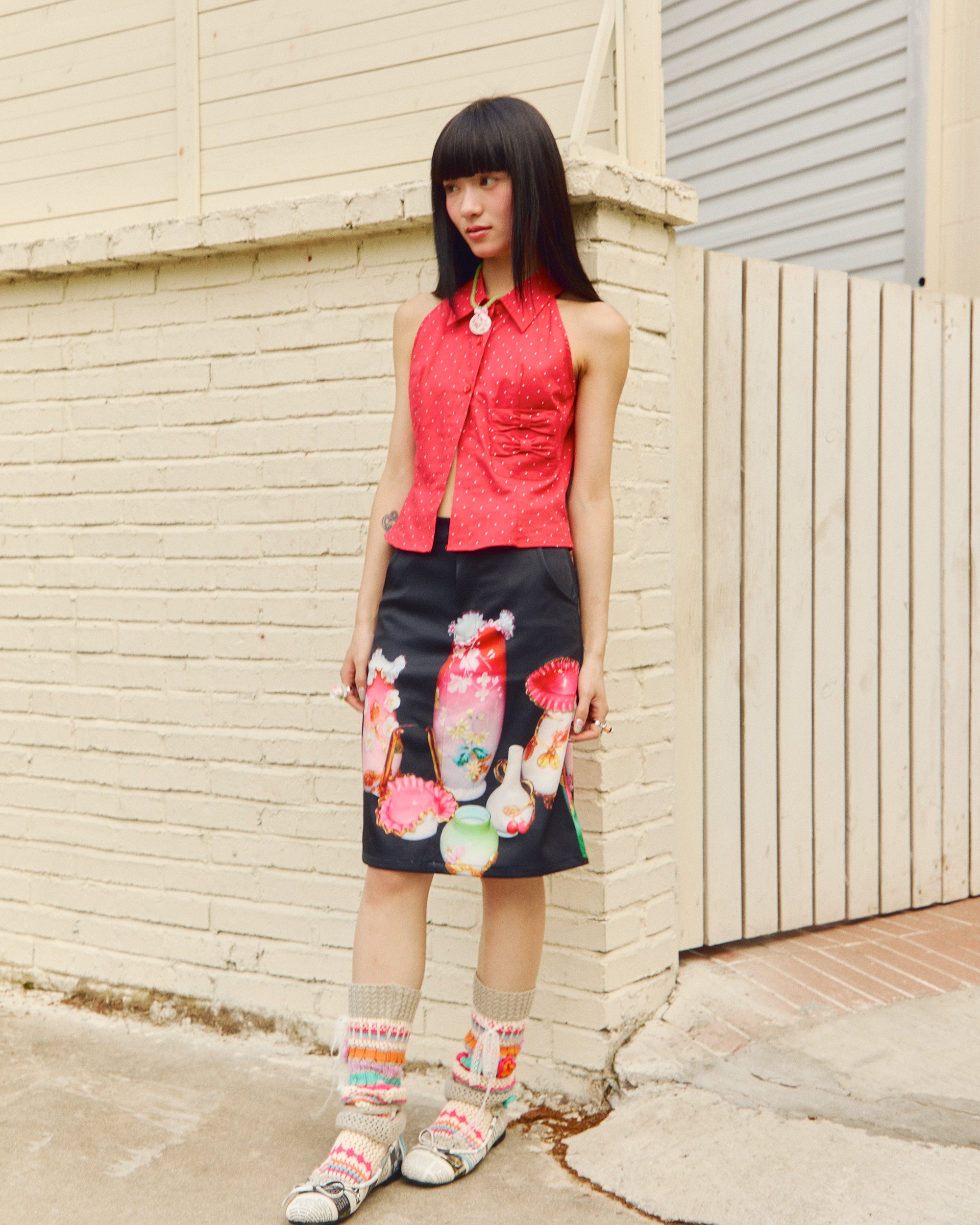 HAVEAMEAL Full-Print Retro Vase Straight Skirt