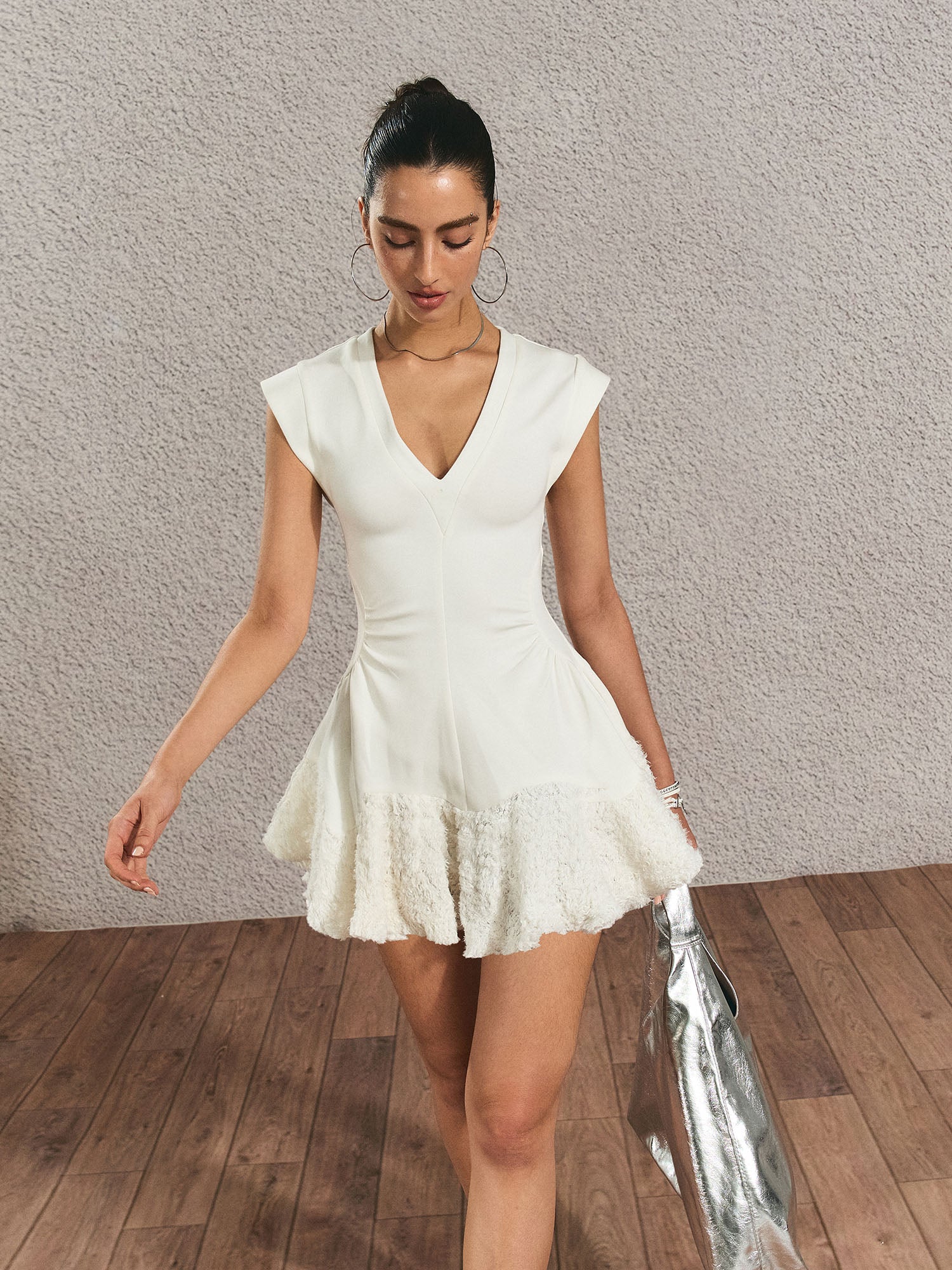 THE NEVERMORE Fluffy Hem V-Neck Mini Dress
