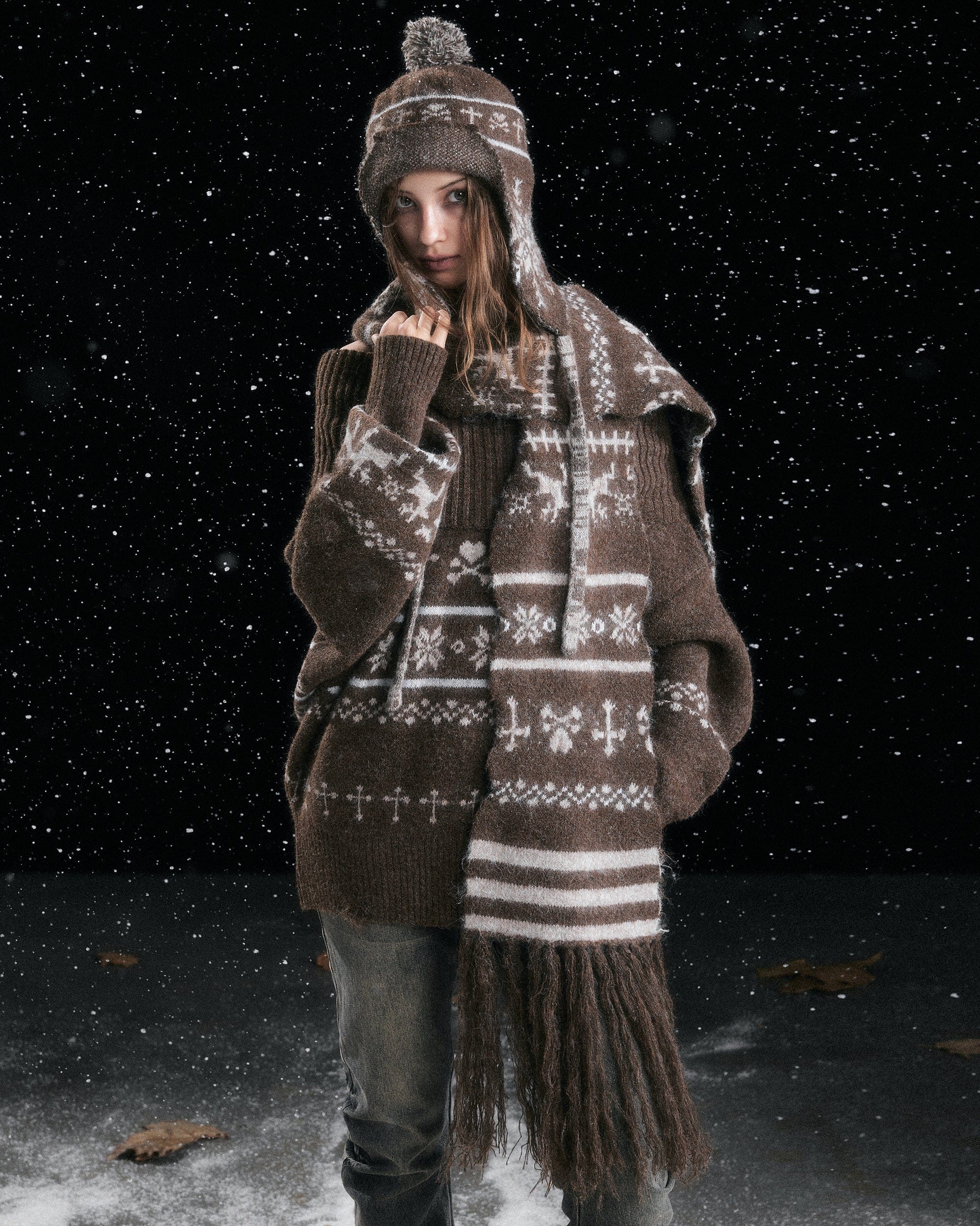 CESTNOUS Fair Isle Jacquard Fringe Scarf