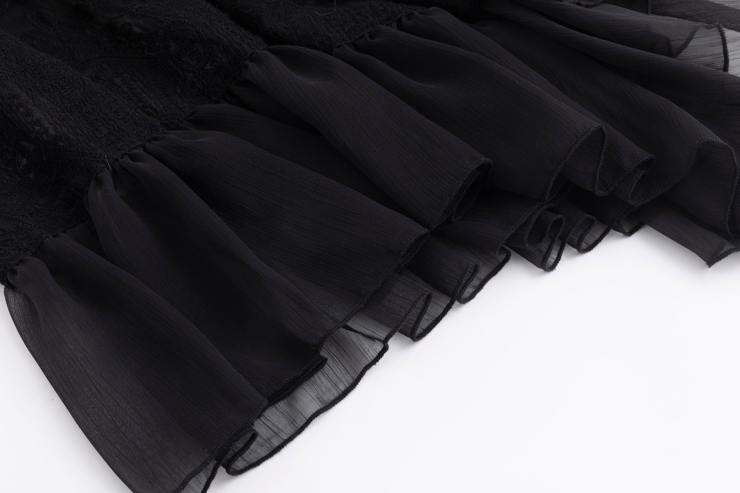 CESTNOUS Denim Belt-Waist Lace Ruffle Asym Skirt