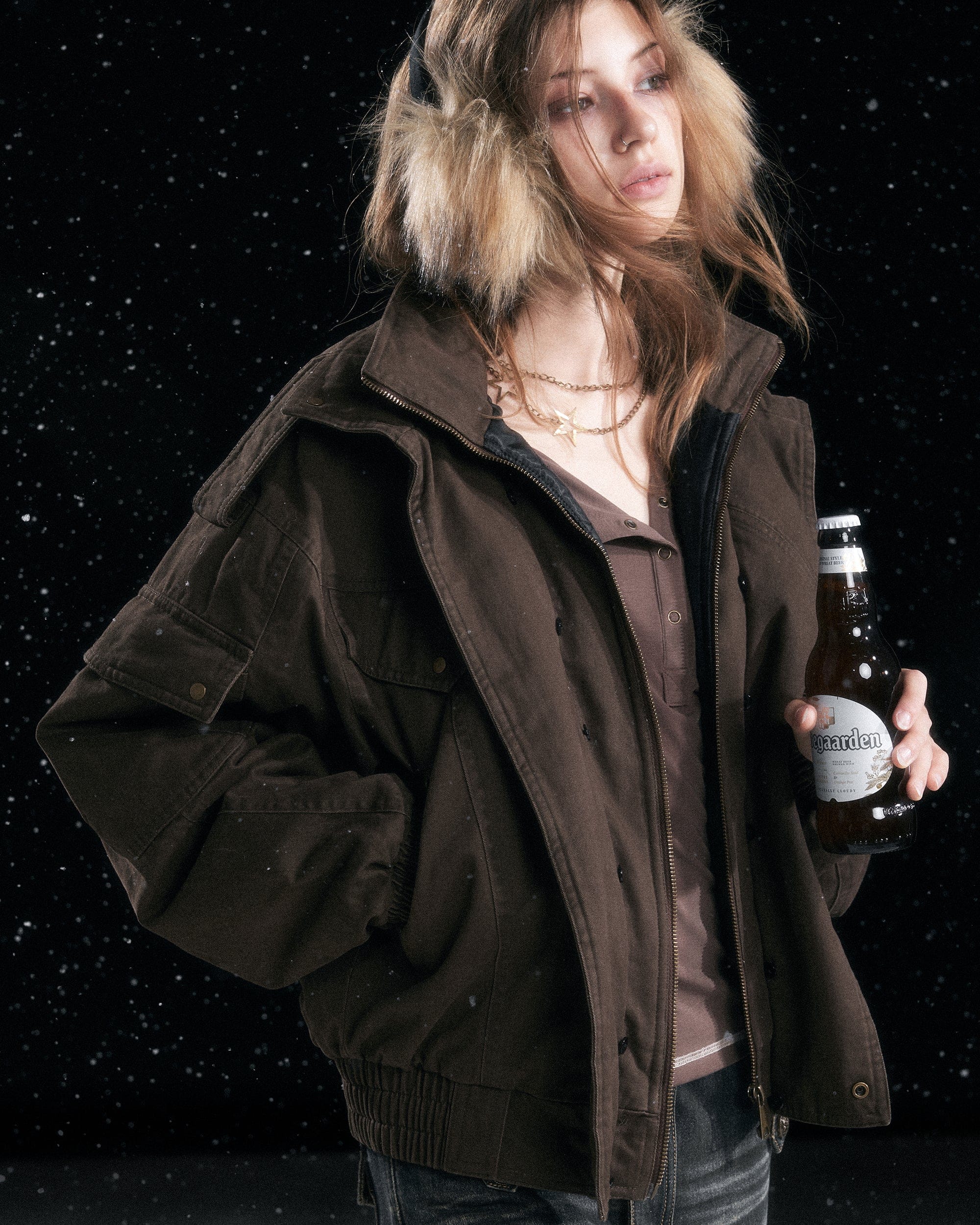 CESTNOUS Retro Detachable Faux-Fur Collar Bomber Jacket