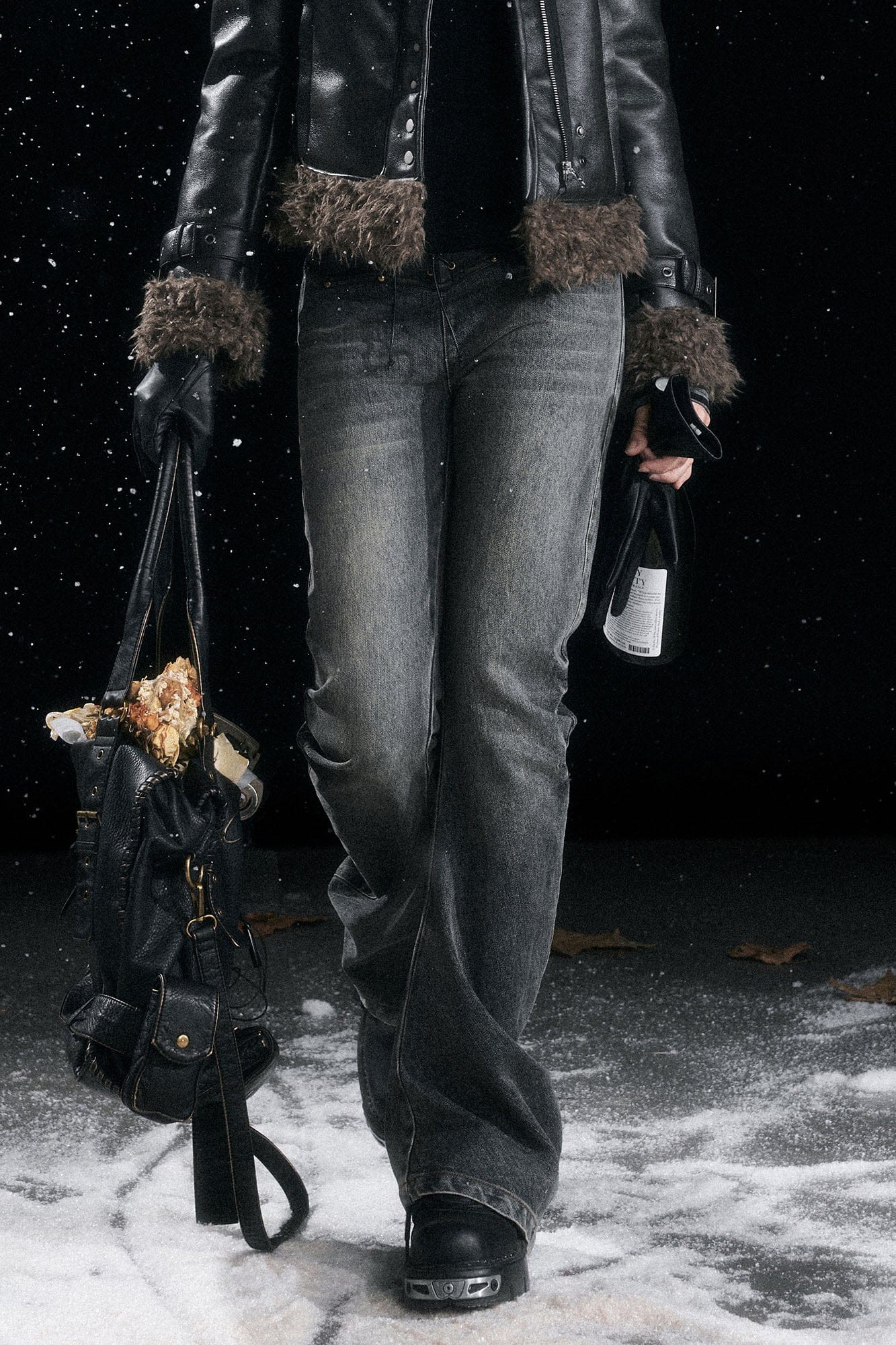 CESTNOUS Faux Leather Corset Waist Washed Jeans