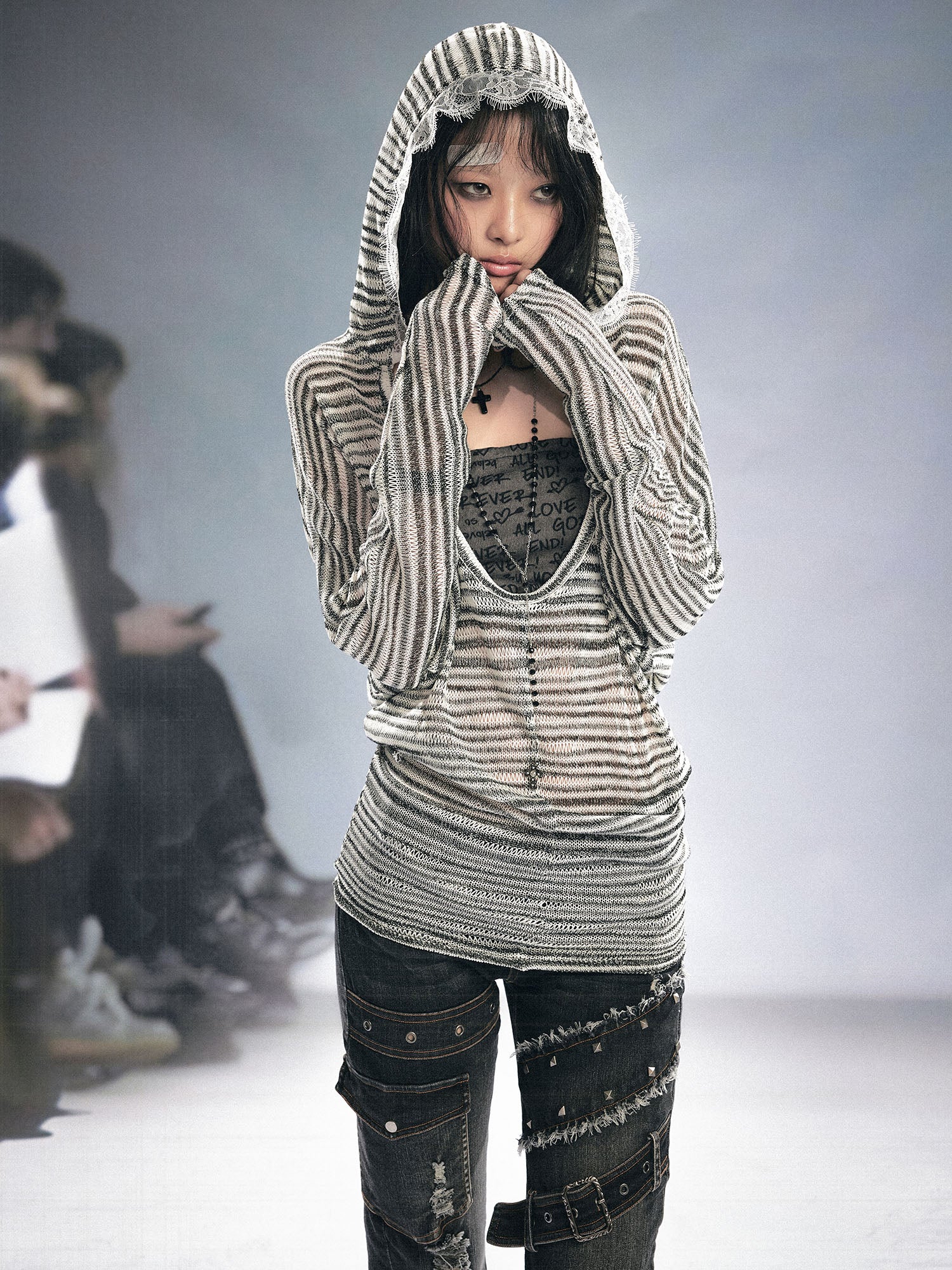 CESTNOUS Striped Sheer Hooded Long-Sleeve Tee