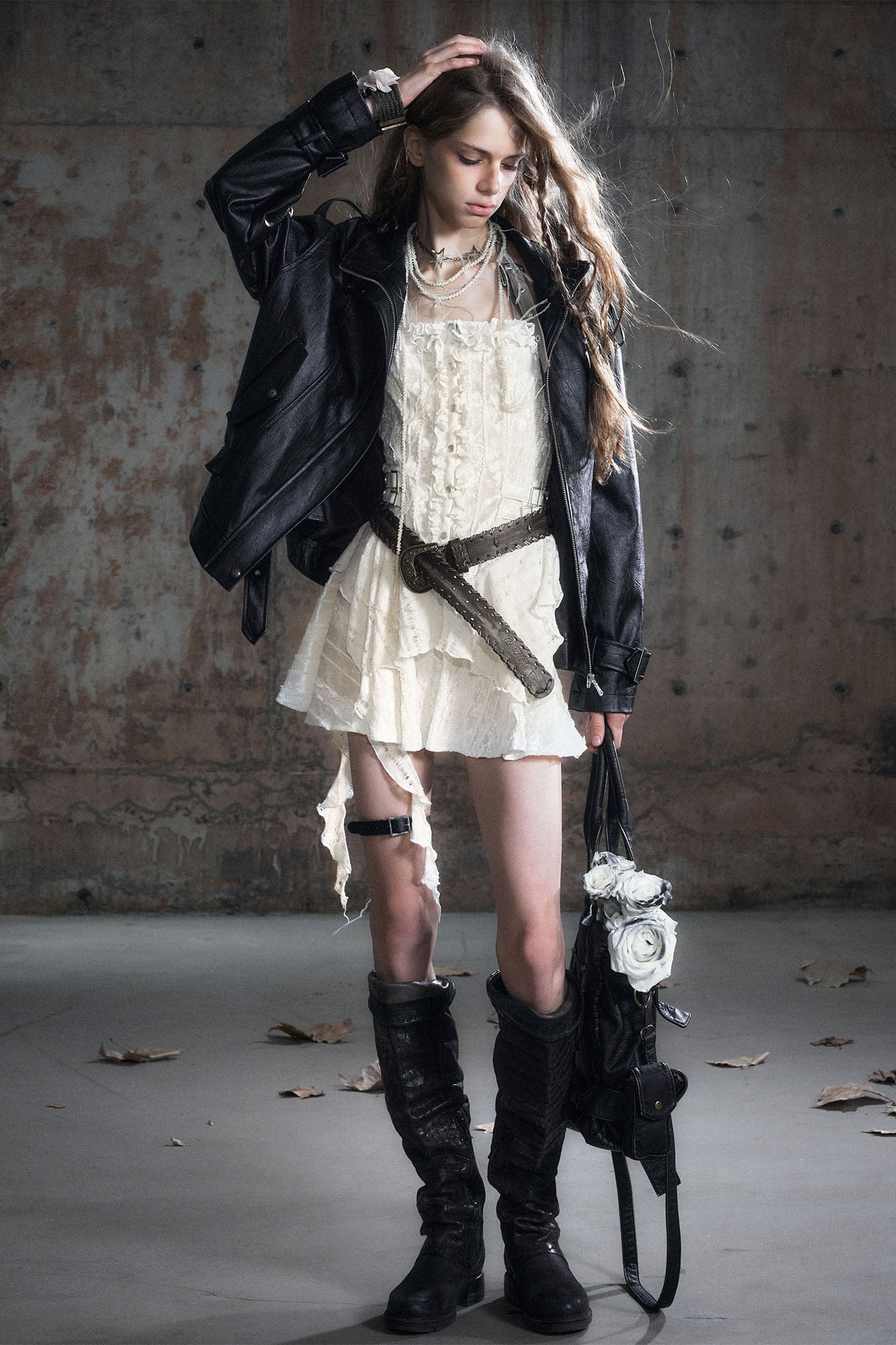 CESTNOUS Belted-Hem Faux Leather Jacket