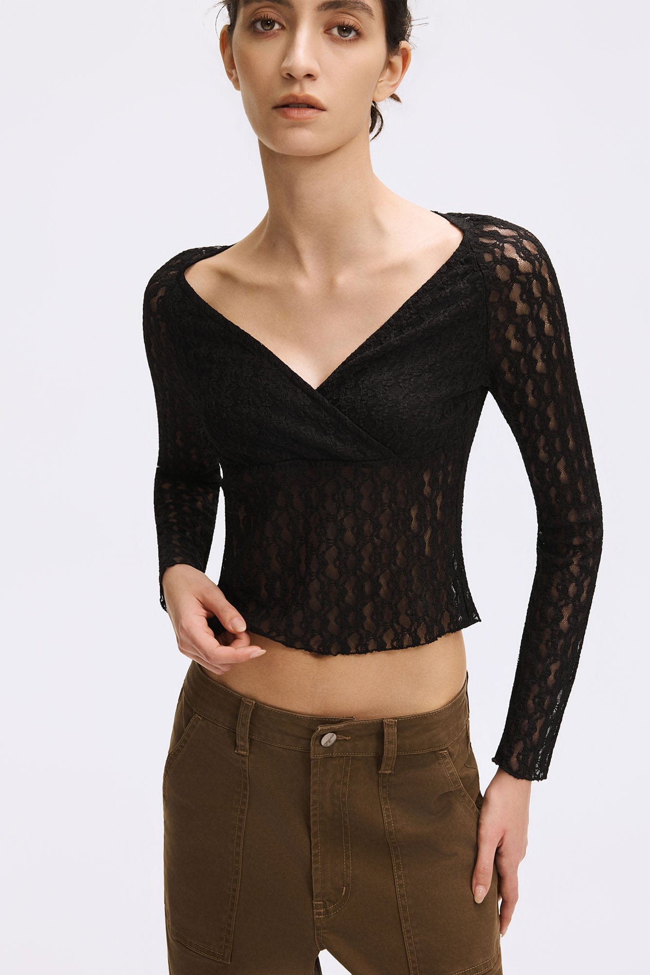 ARTIFICIAL WORLD Lace Wrap-Neck Long-Sleeve Tee
