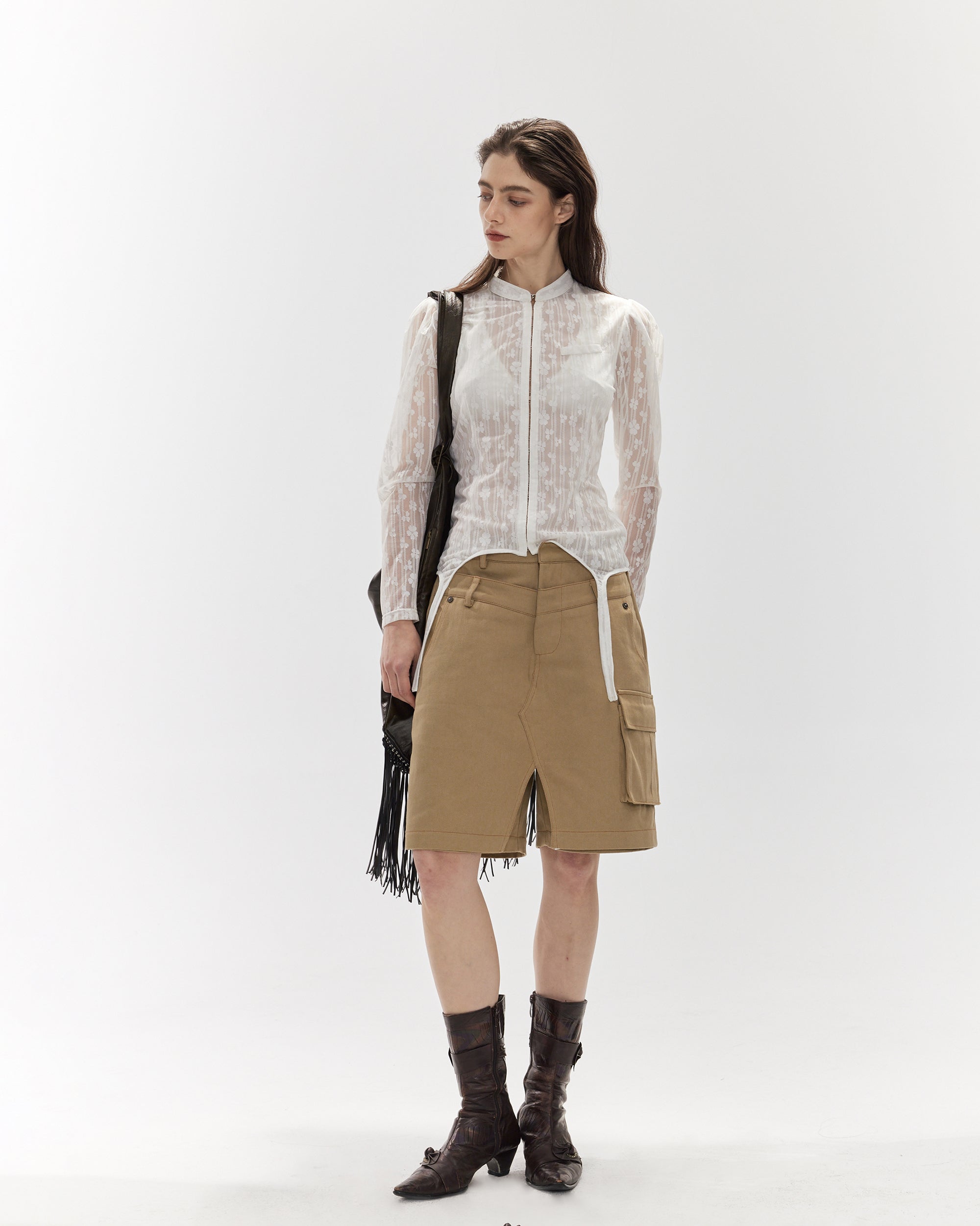 JIUWU PARK Lace Puff Sleeve Fitted Cardigan