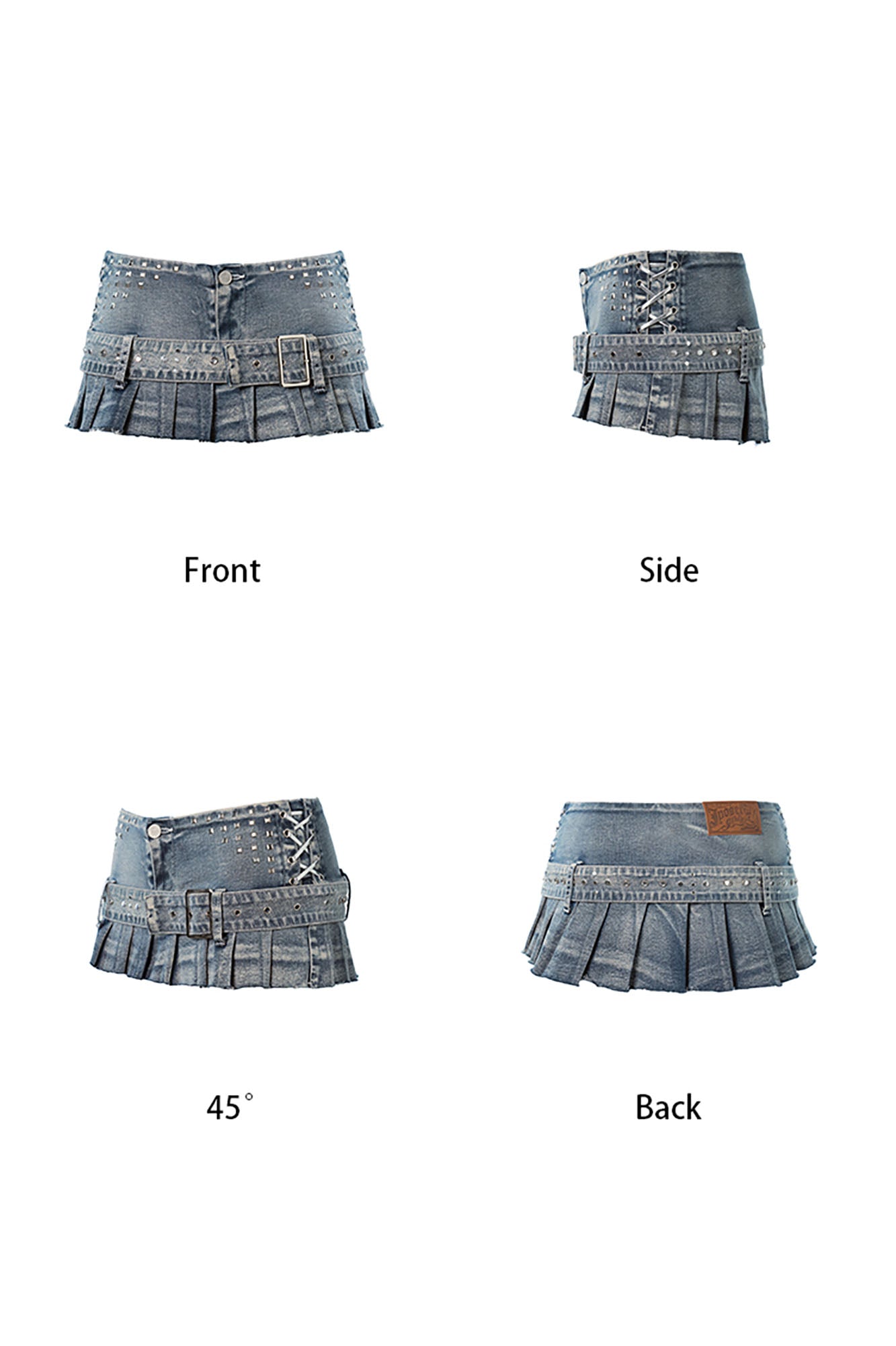 JYOSEI Washed Frayed Pleated Rivet Denim Mini Skirt