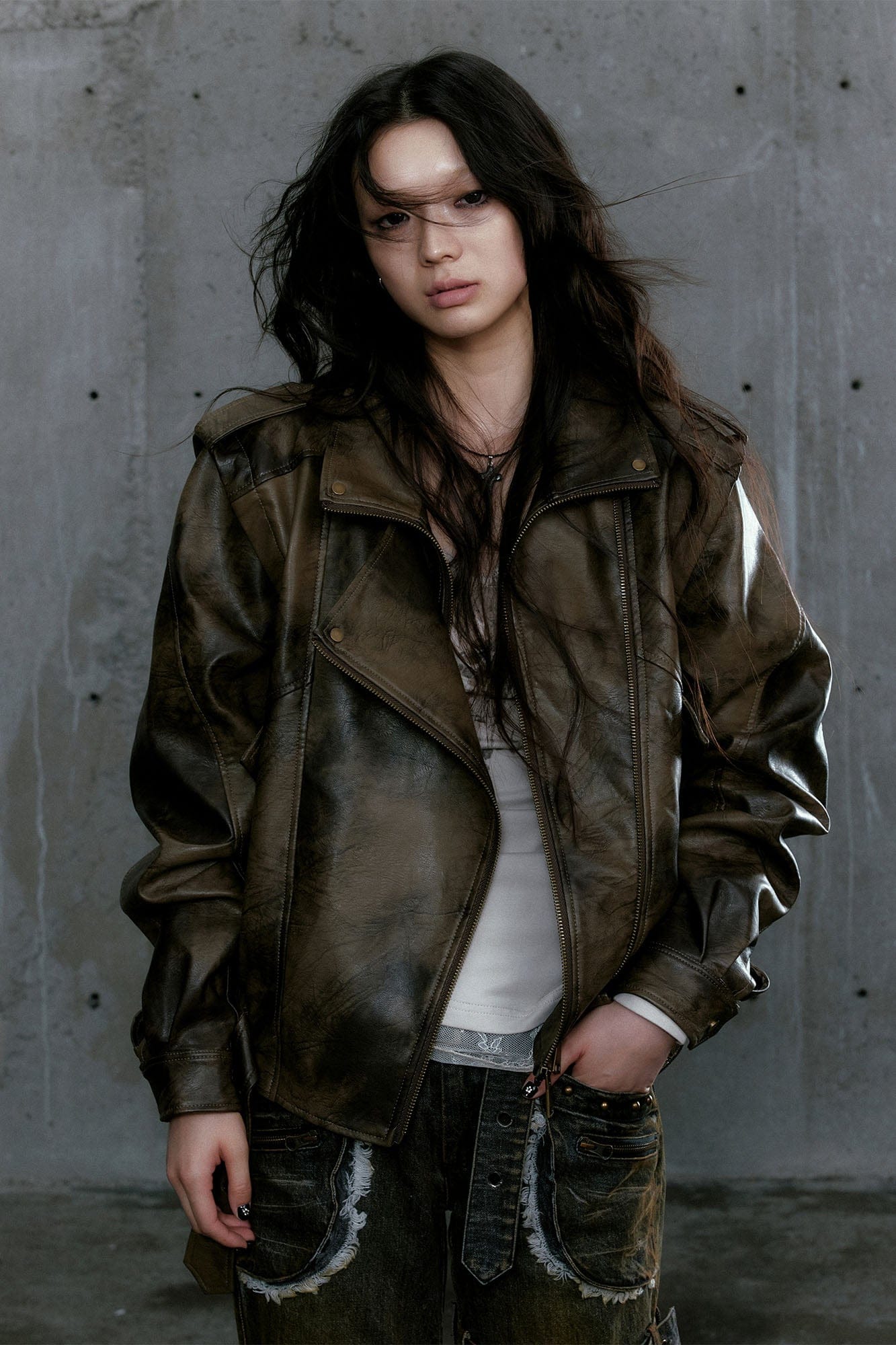 CESTNOUS Distressed Dual-Zip Faux Leather Biker Jacket