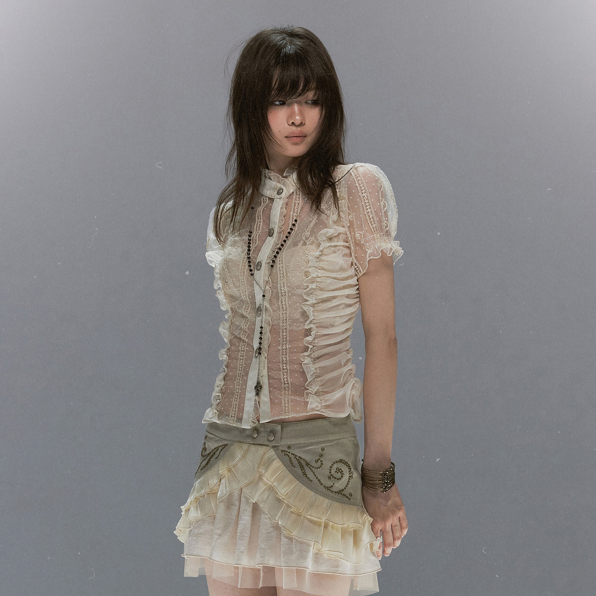 CESTNOUS Sheer Lace Ruched Puff-Sleeve Blouse