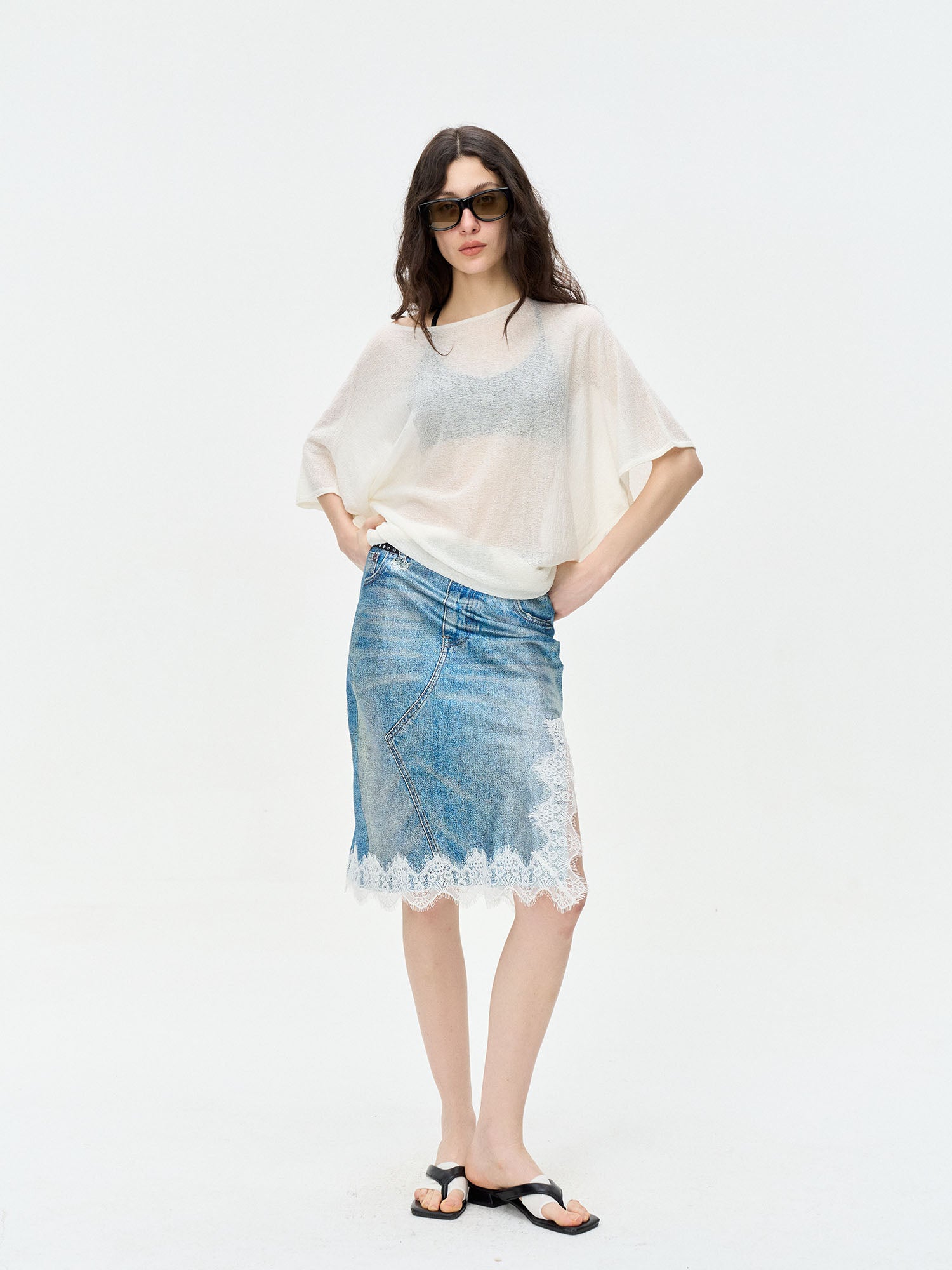LEONSENSE Sheer Draped Batwing Knit Top