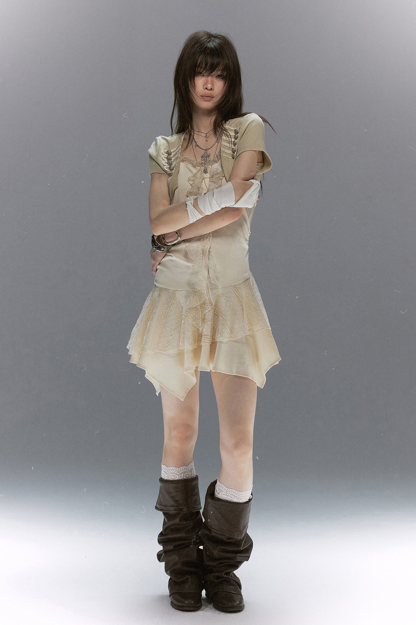 CESTNOUS Napoleon-Braid Layer Ruffle Mini Dress