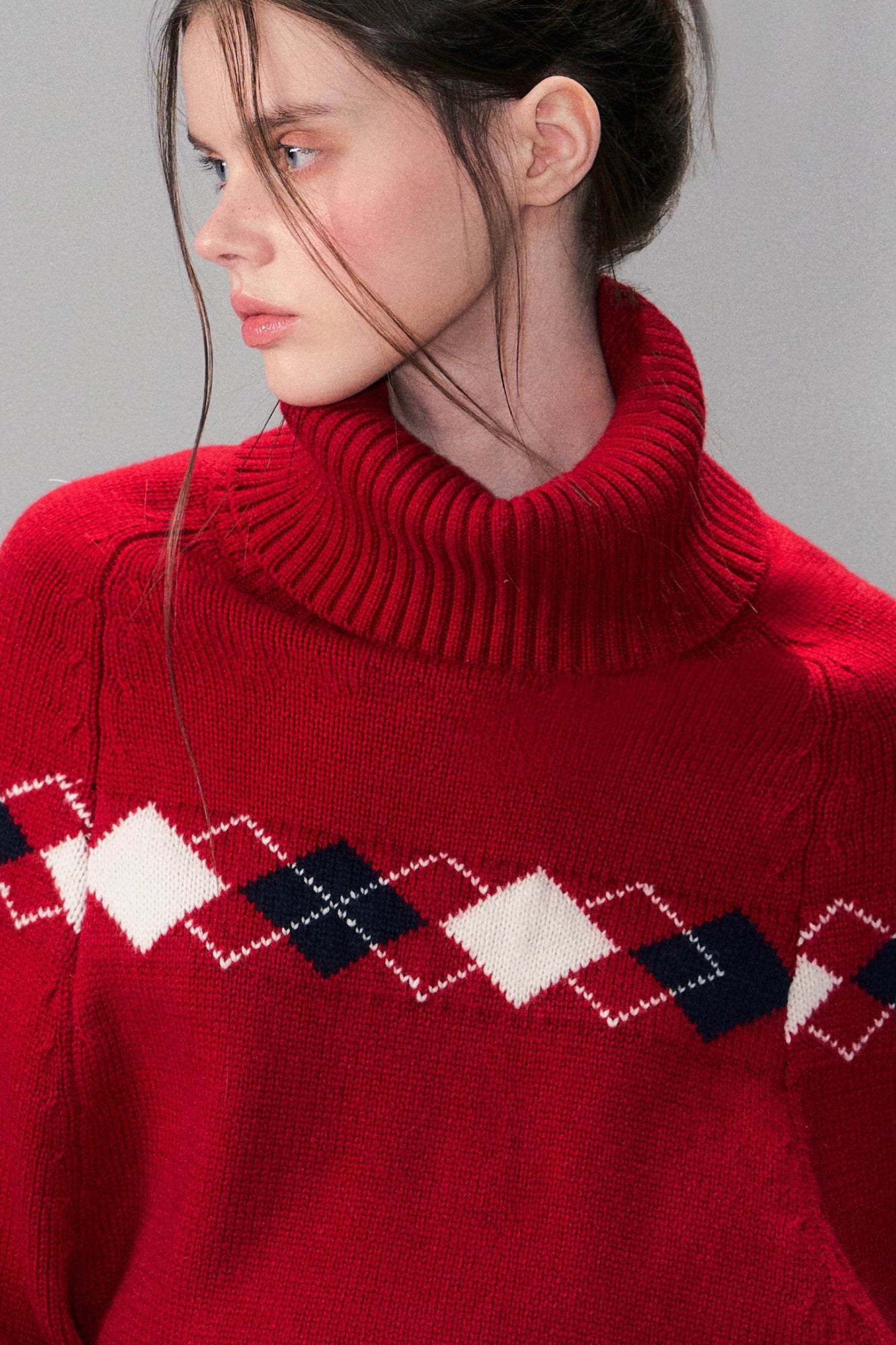 THE NEVERMORE Argyle Ribbed Balloon Sleeve Sweater