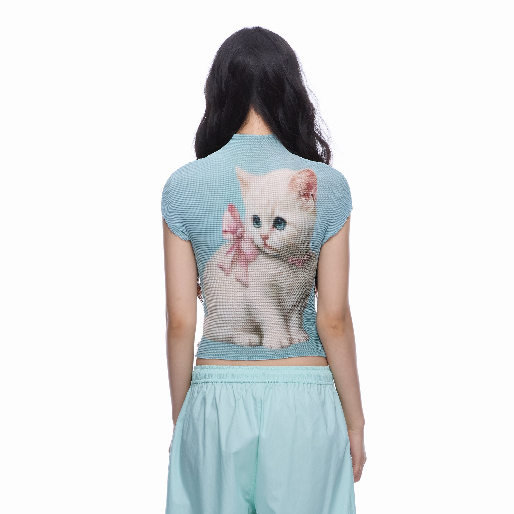 MOF Bow Kitten Graphic Pleated T-Shirt