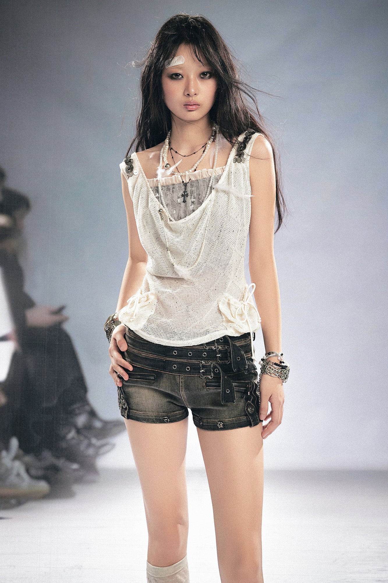 CESTNOUS Sheer Openwork Cowl Tank Top