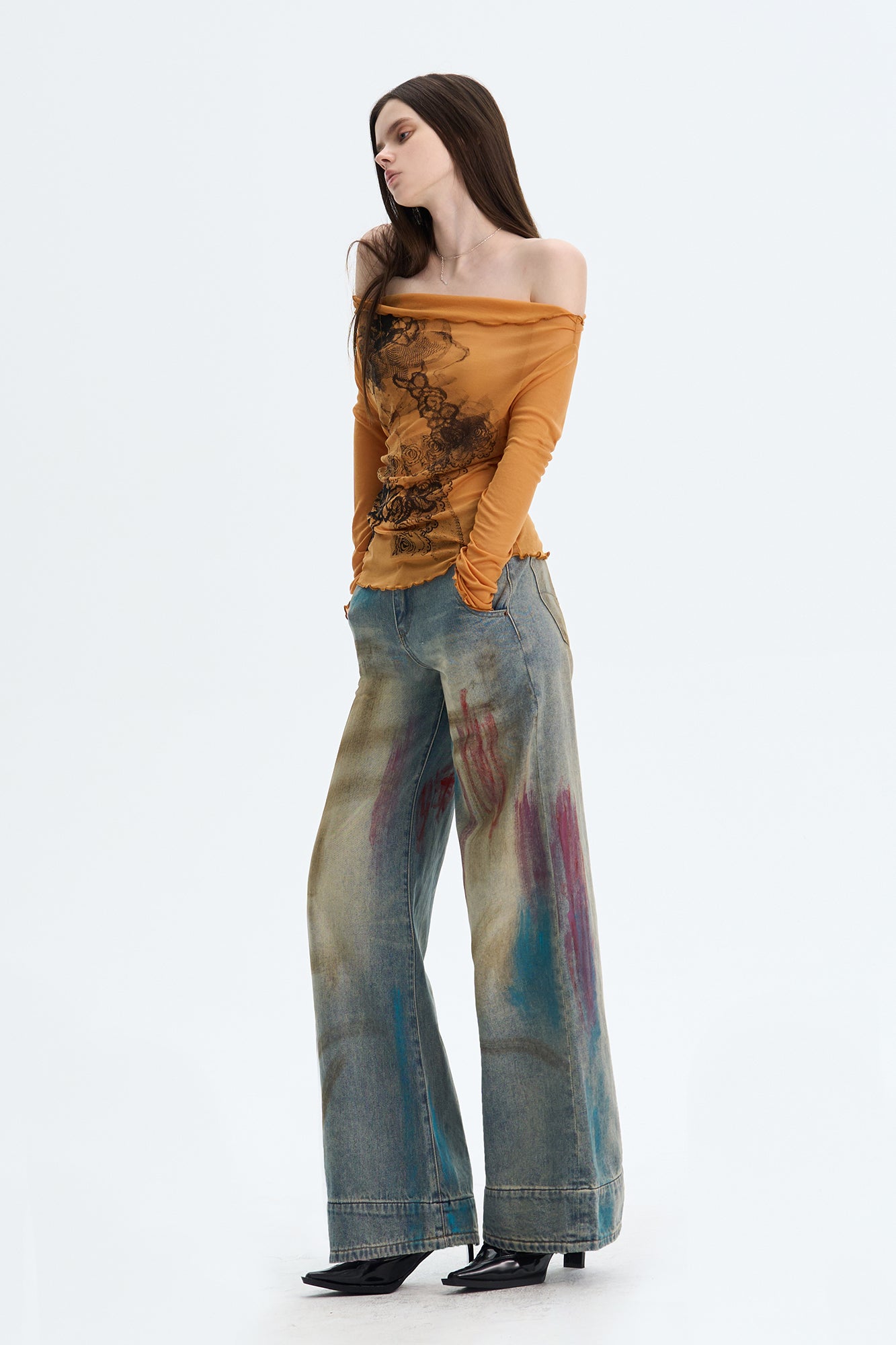 THE NEVERMORE Sheer Off-Shoulder Lettuce Edge Tee