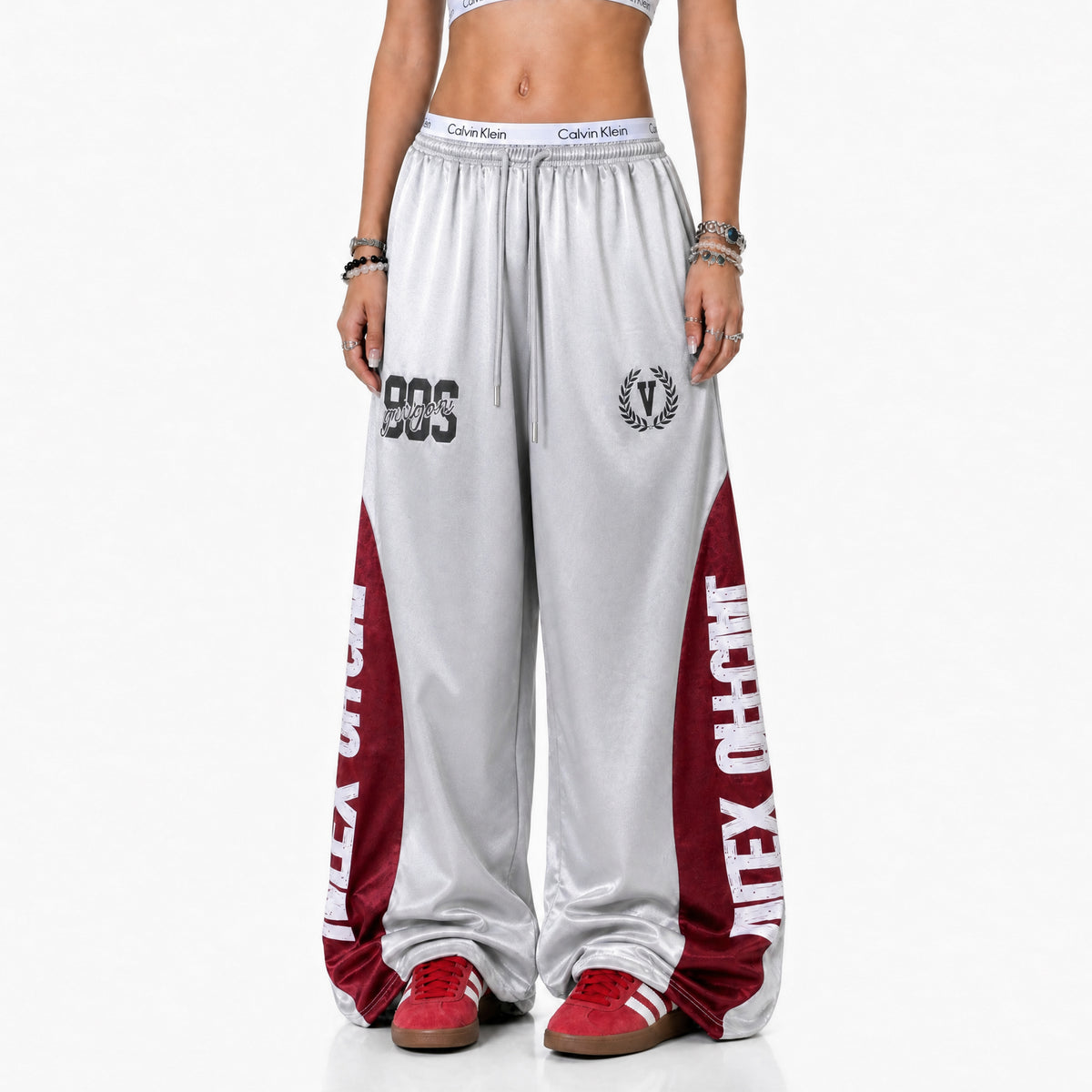 FREE CENTER Spliced Glossy Wide-Leg Sweatpants