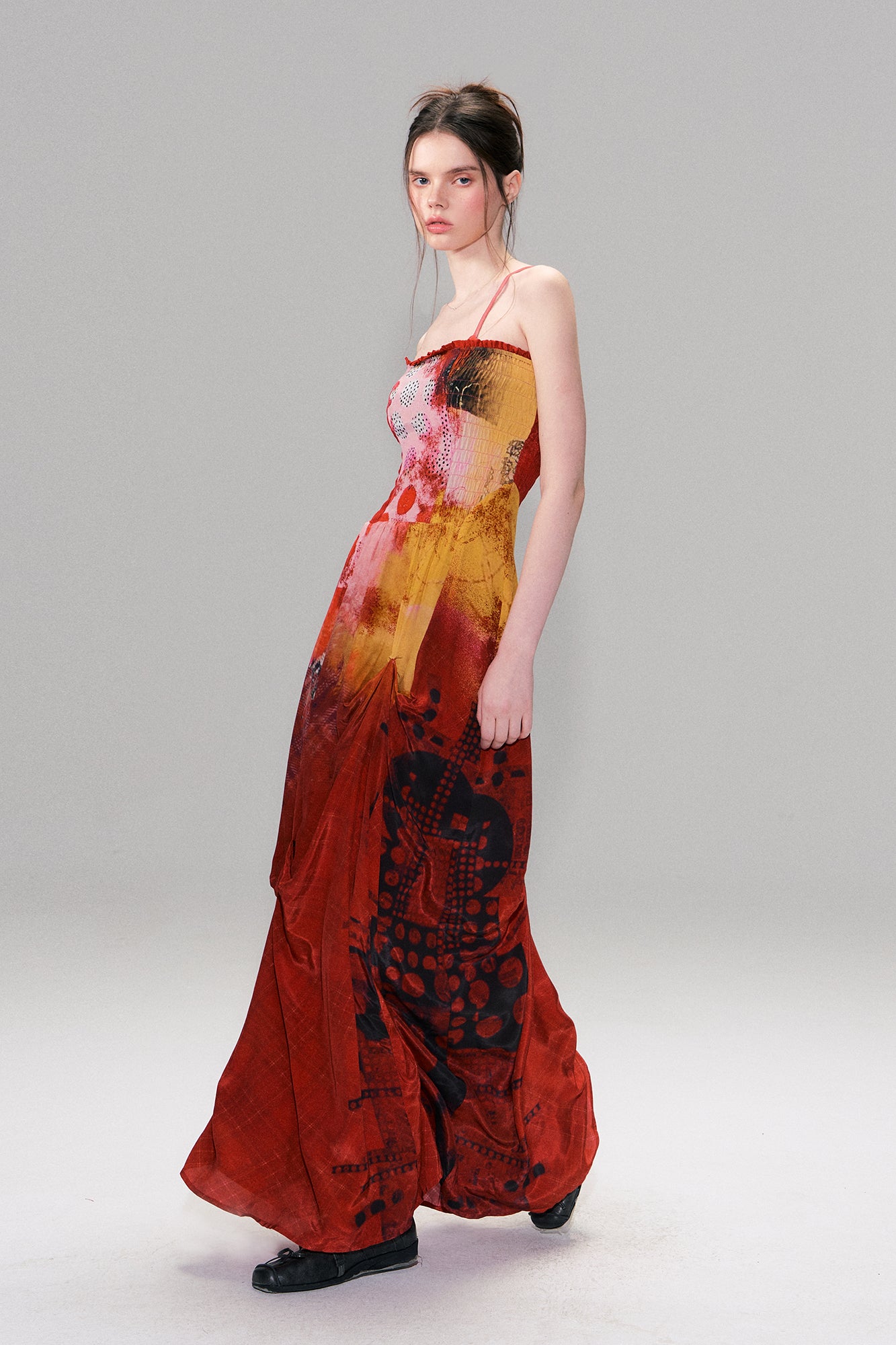 THE NEVERMORE Asymmetric Shirred Spliced Maxi Dress