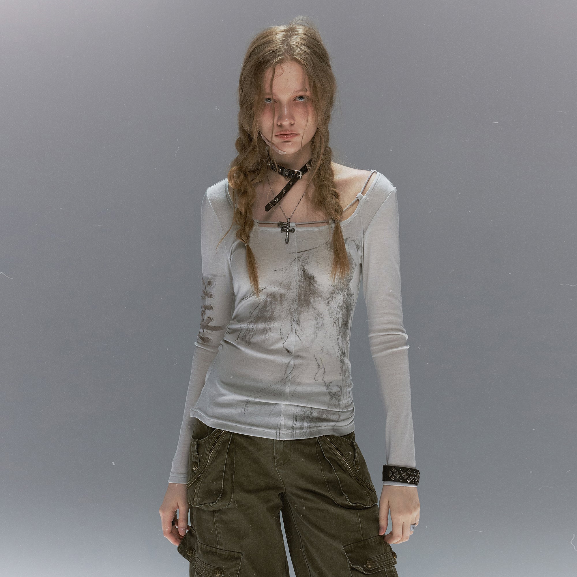 CESTNOUS Graphic Lace-Trim Tencel Long-Sleeve Tee