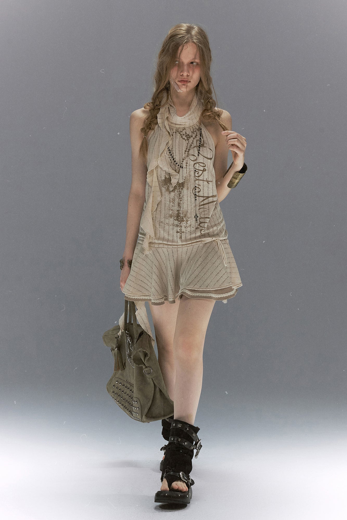 CESTNOUS Ruffled Lace Faux Layered Halter Mini Dress