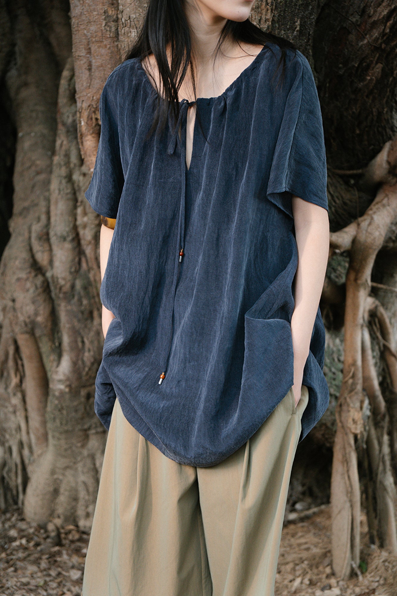 CAIRA Washed Drawstring Neck T-Shirt