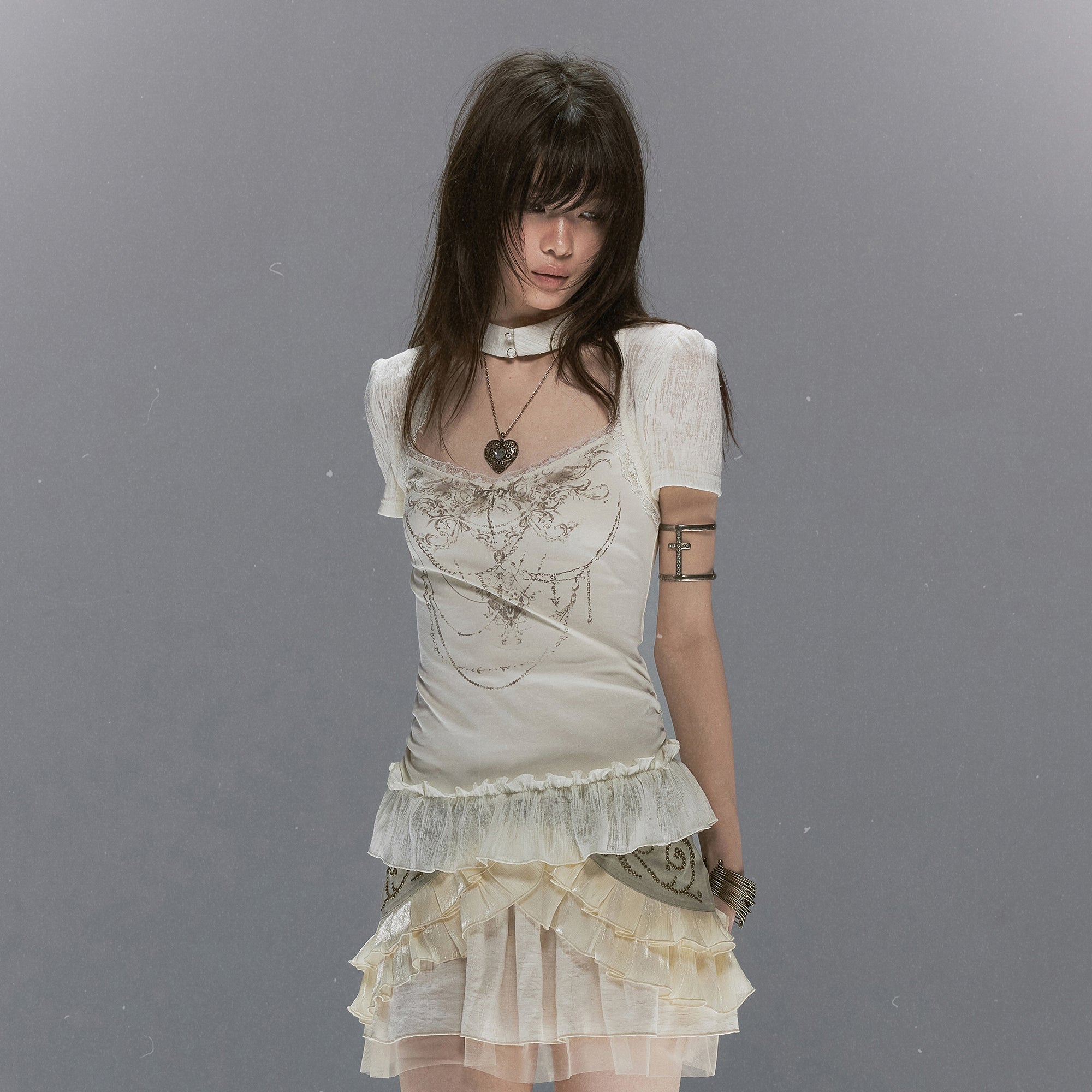 CESTNOUS Gothic Graphic Ruffle-Hem T-Shirt