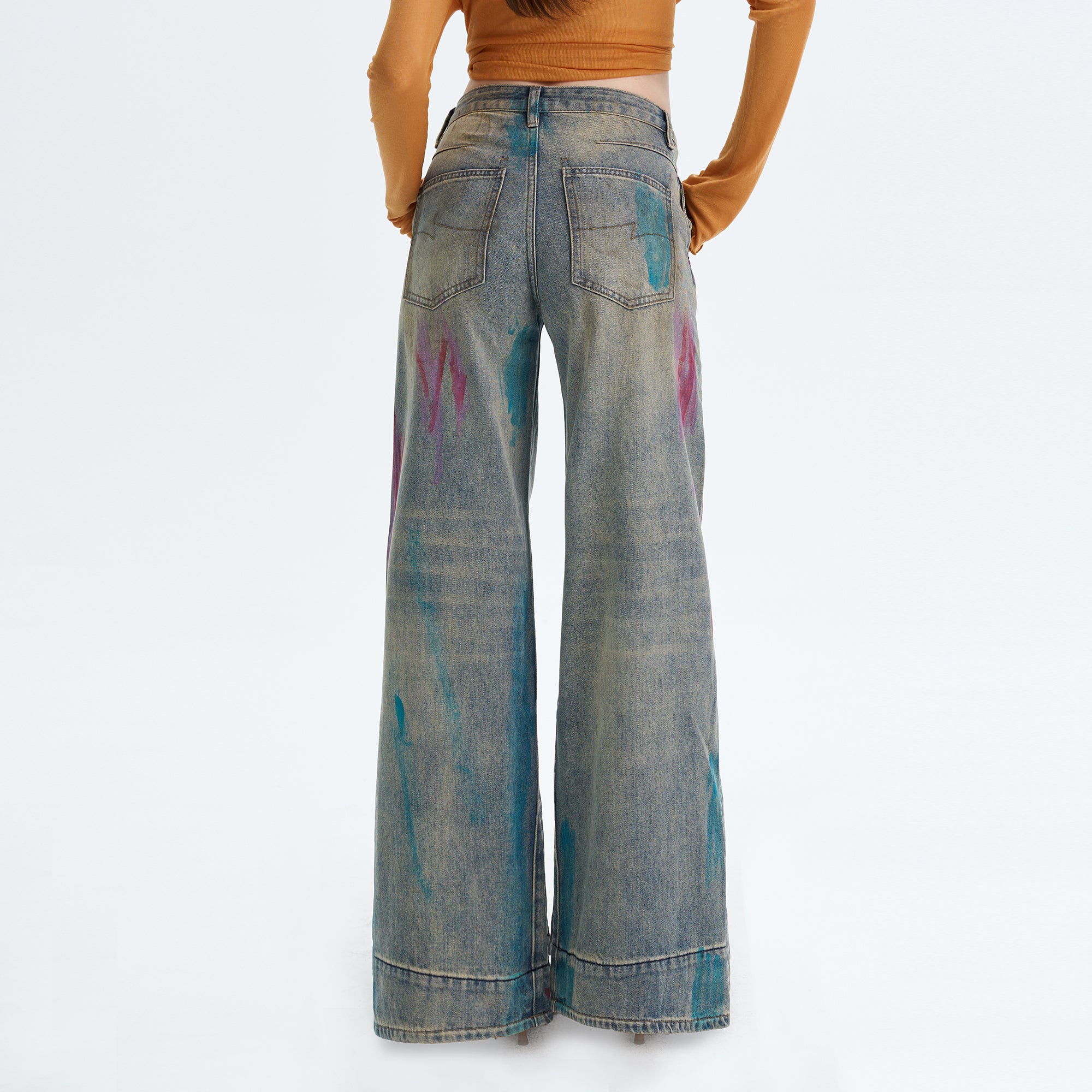 THE NEVERMORE Distressed Graffiti-Wash Wide-Leg Jeans