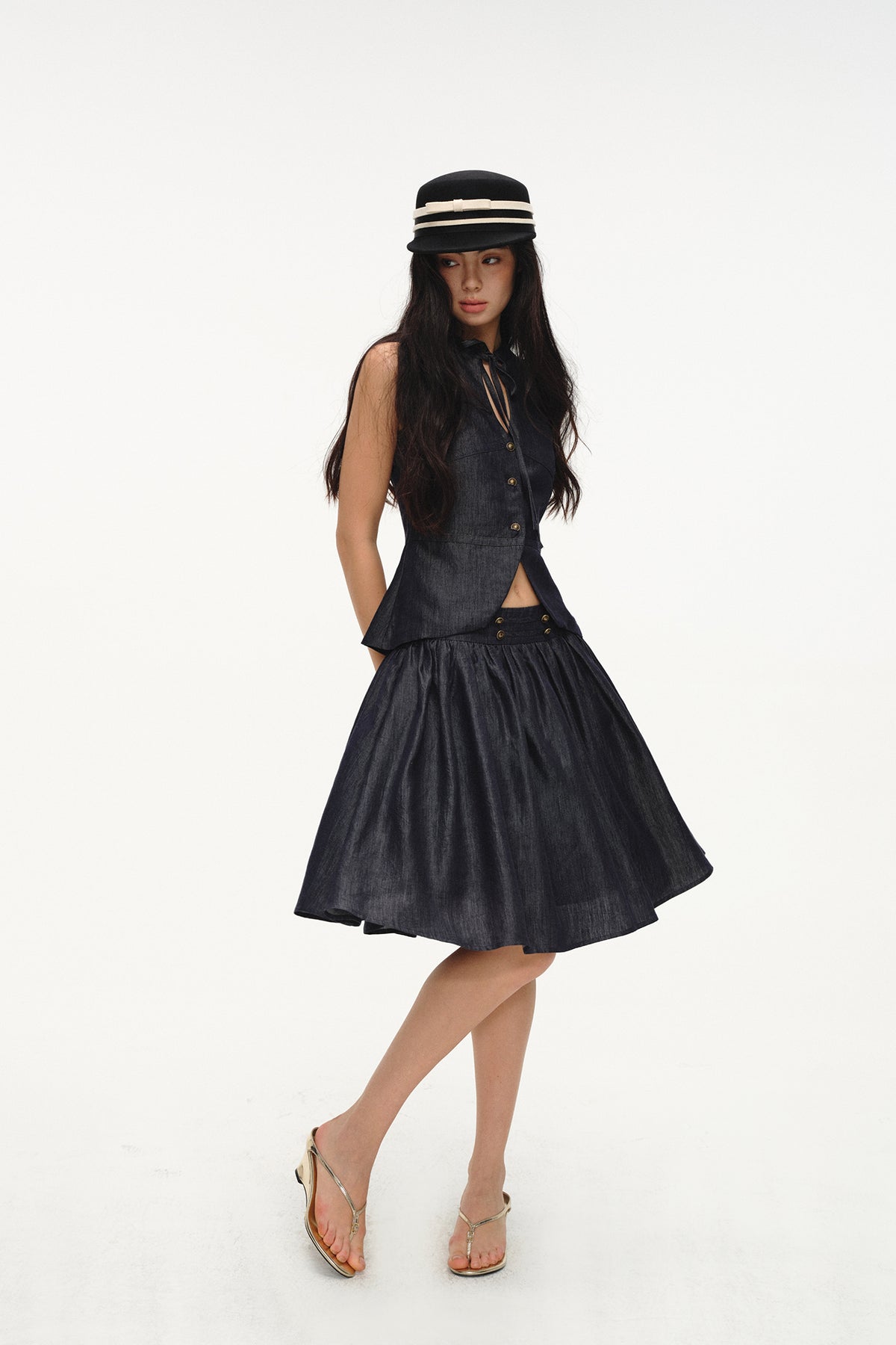 LVETONG Linen Denim Vest & Puff Mini Skirt Set