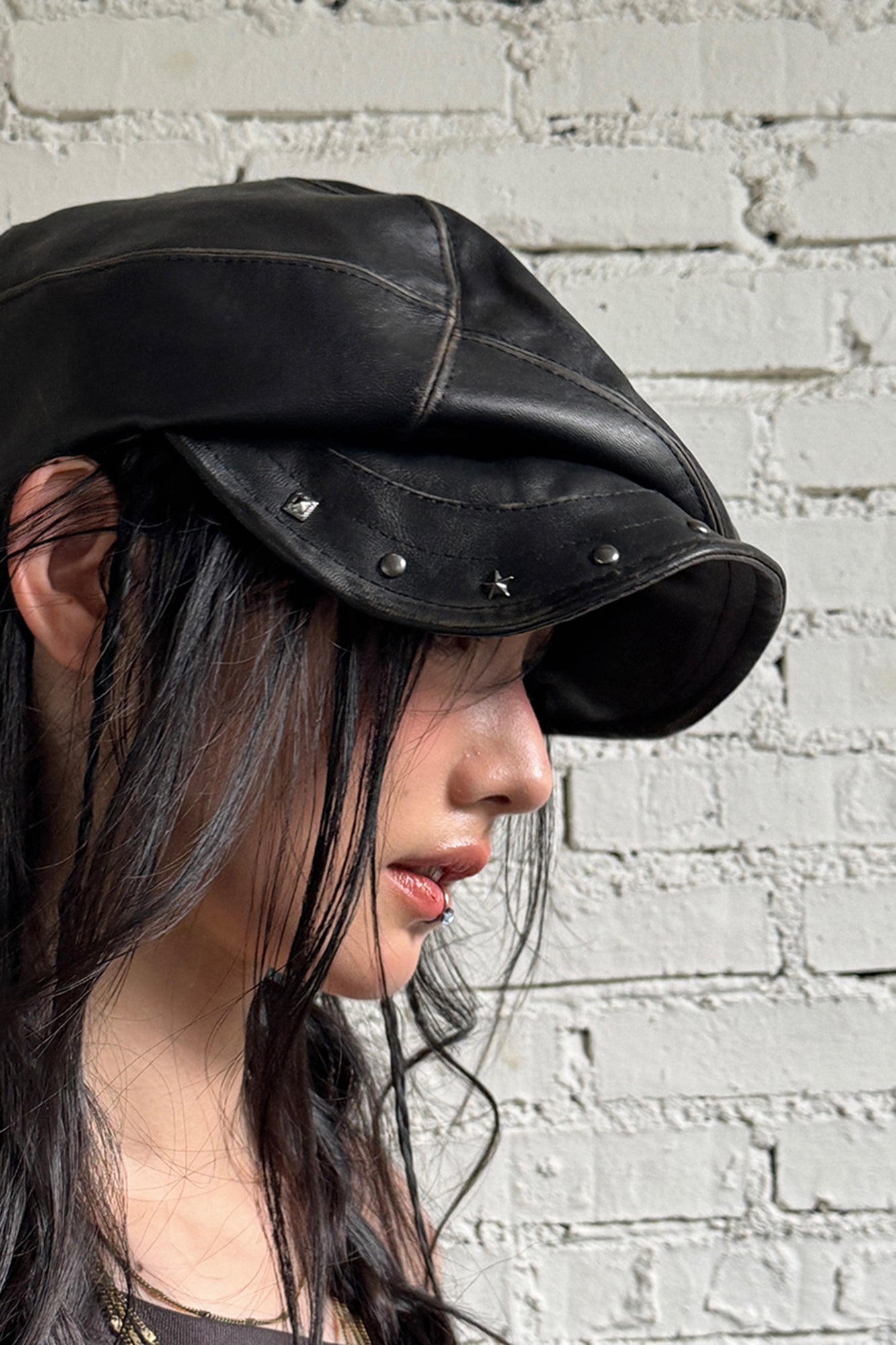 RIDK Faux Leather Studded Newsboy Cap