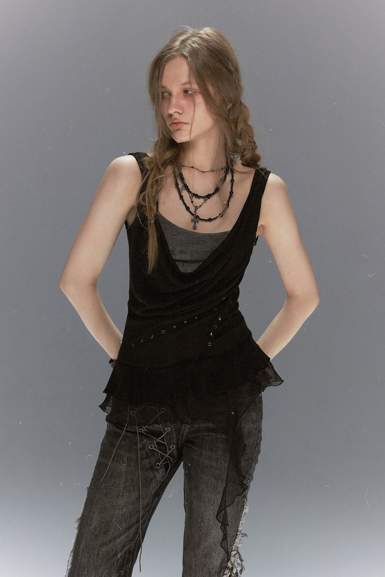 CESTNOUS Studded Lace-Up Back Ruffle-Hem Tank Top
