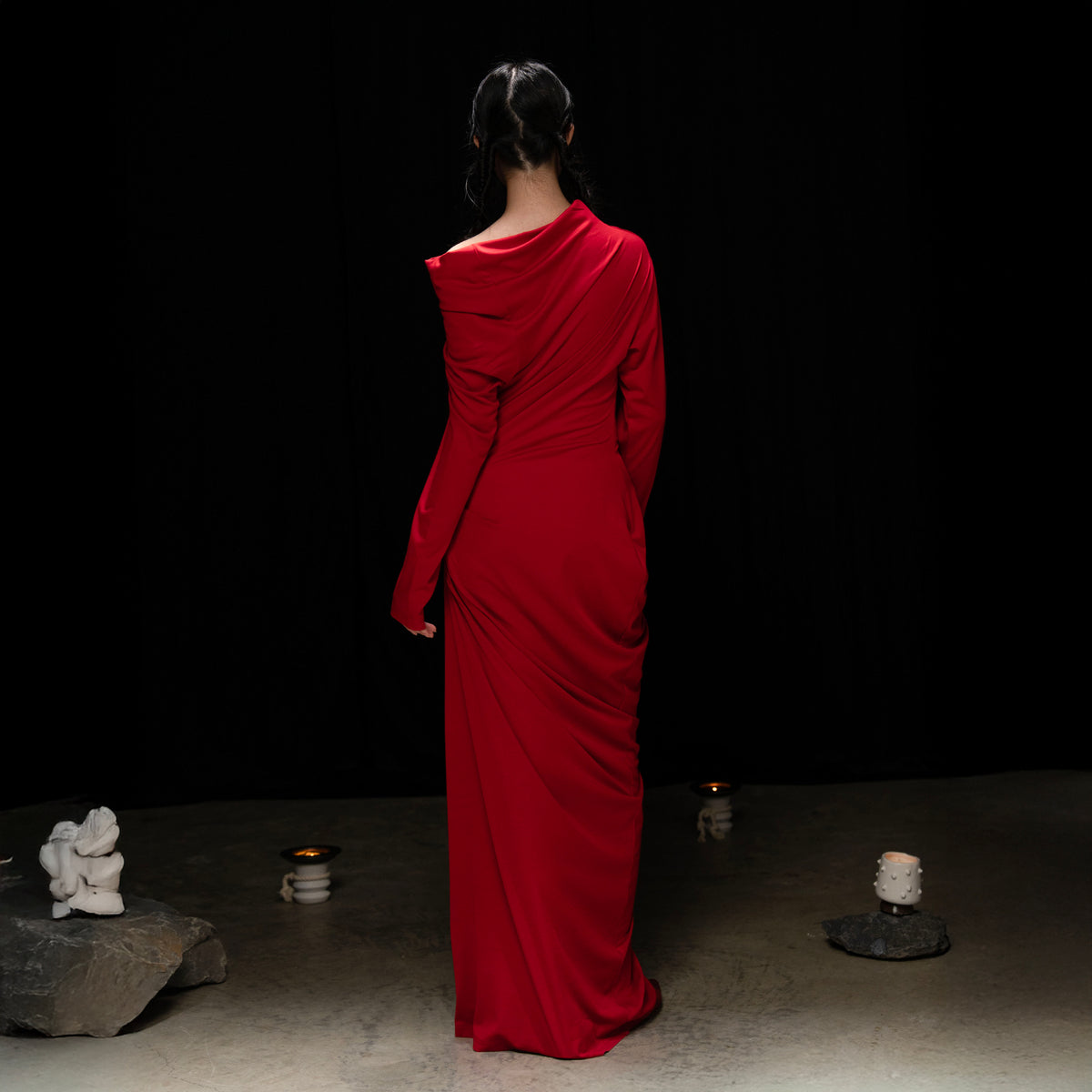 WUHEYIZUO Asymmetrical Draped Side-Ruched Maxi Dress Red