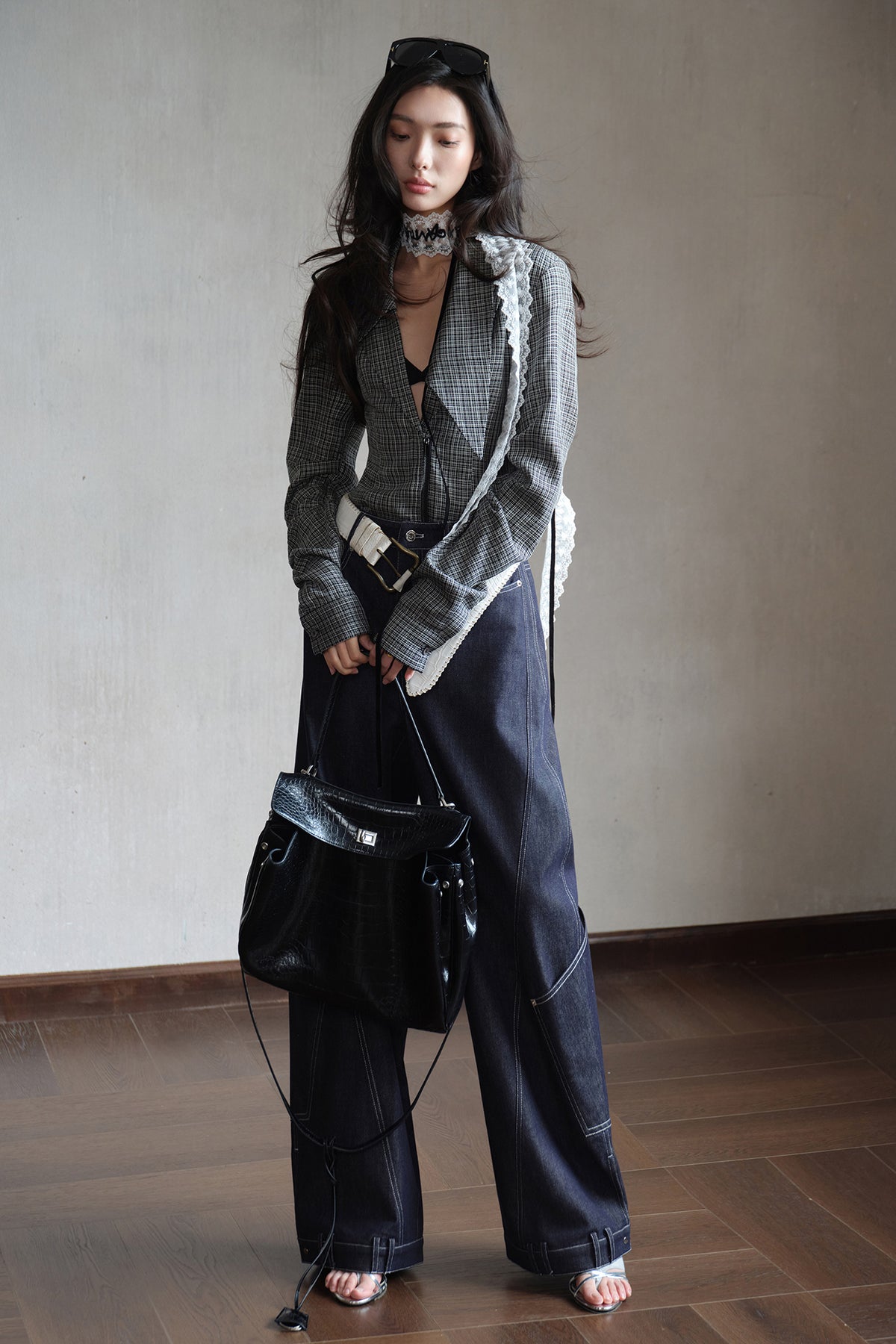 MXU Deconstructed Plaid Pleated Cinched-Waist Jacket