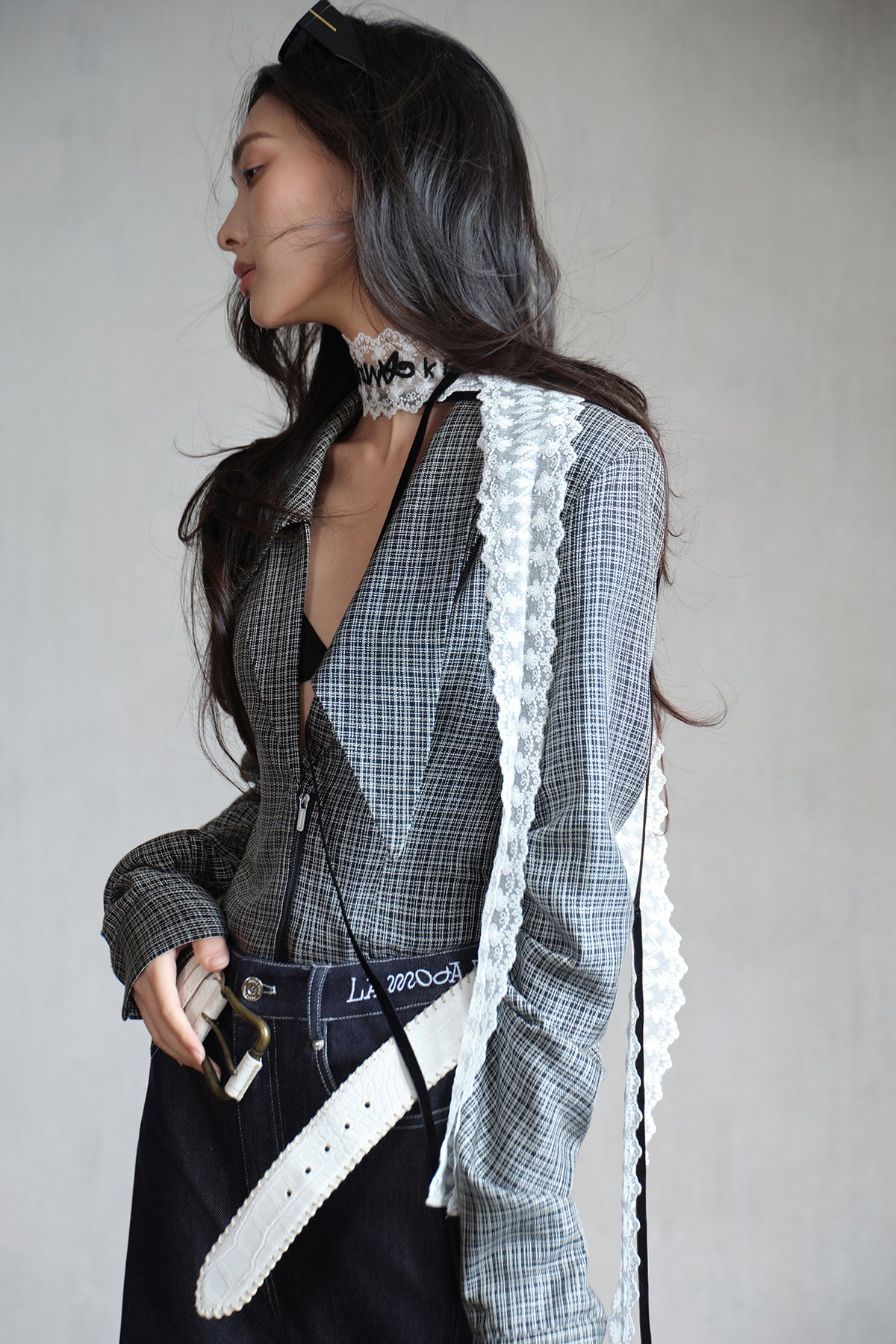 MXU Deconstructed Plaid Pleated Cinched-Waist Jacket