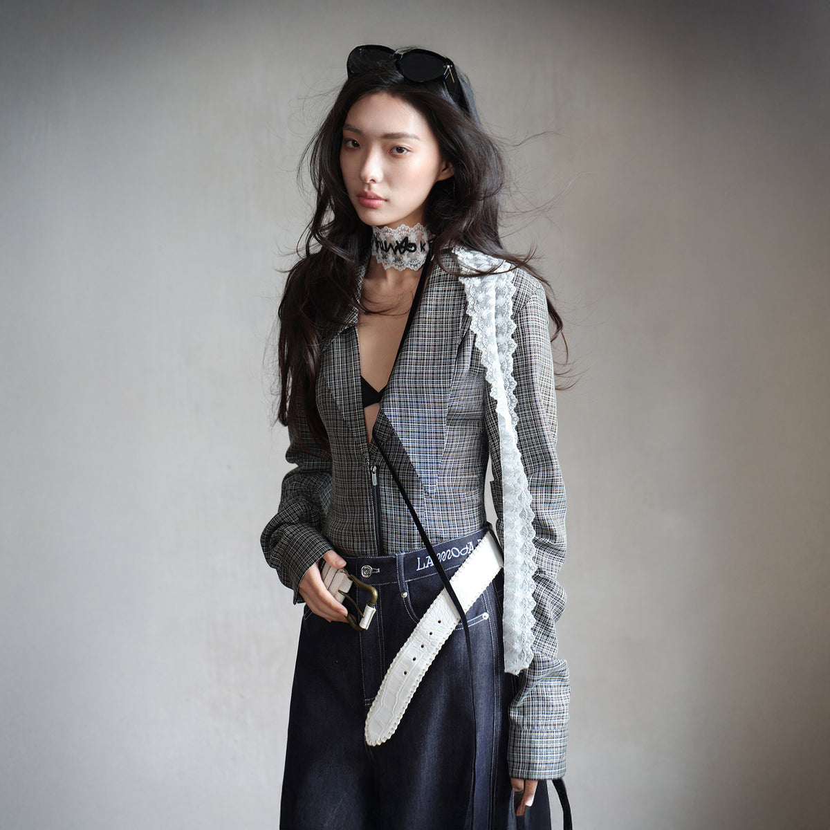 MXU Deconstructed Plaid Pleated Cinched-Waist Jacket