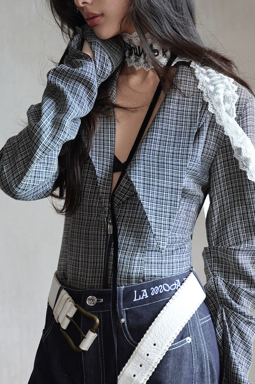 MXU Deconstructed Plaid Pleated Cinched-Waist Jacket
