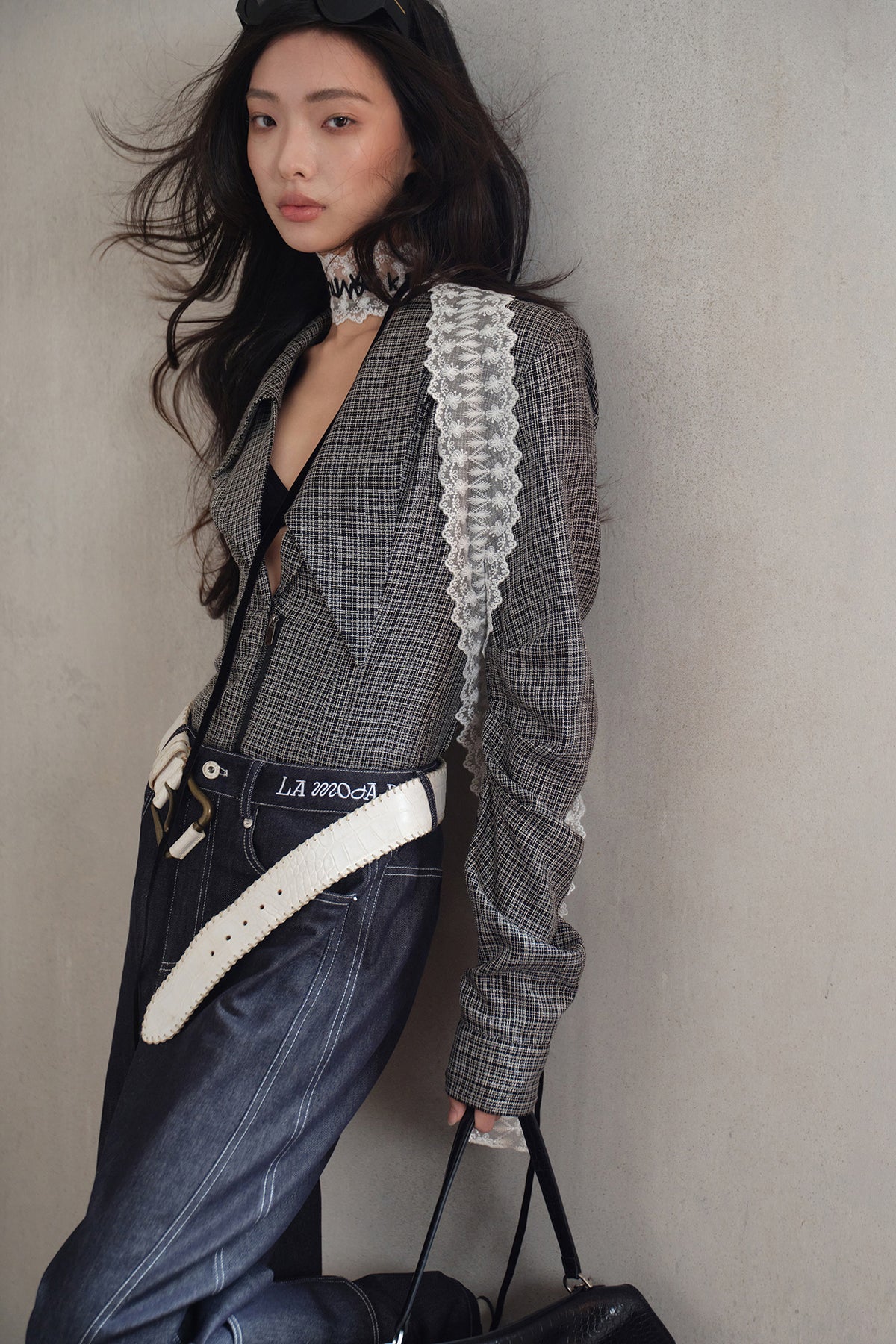 MXU Deconstructed Plaid Pleated Cinched-Waist Jacket