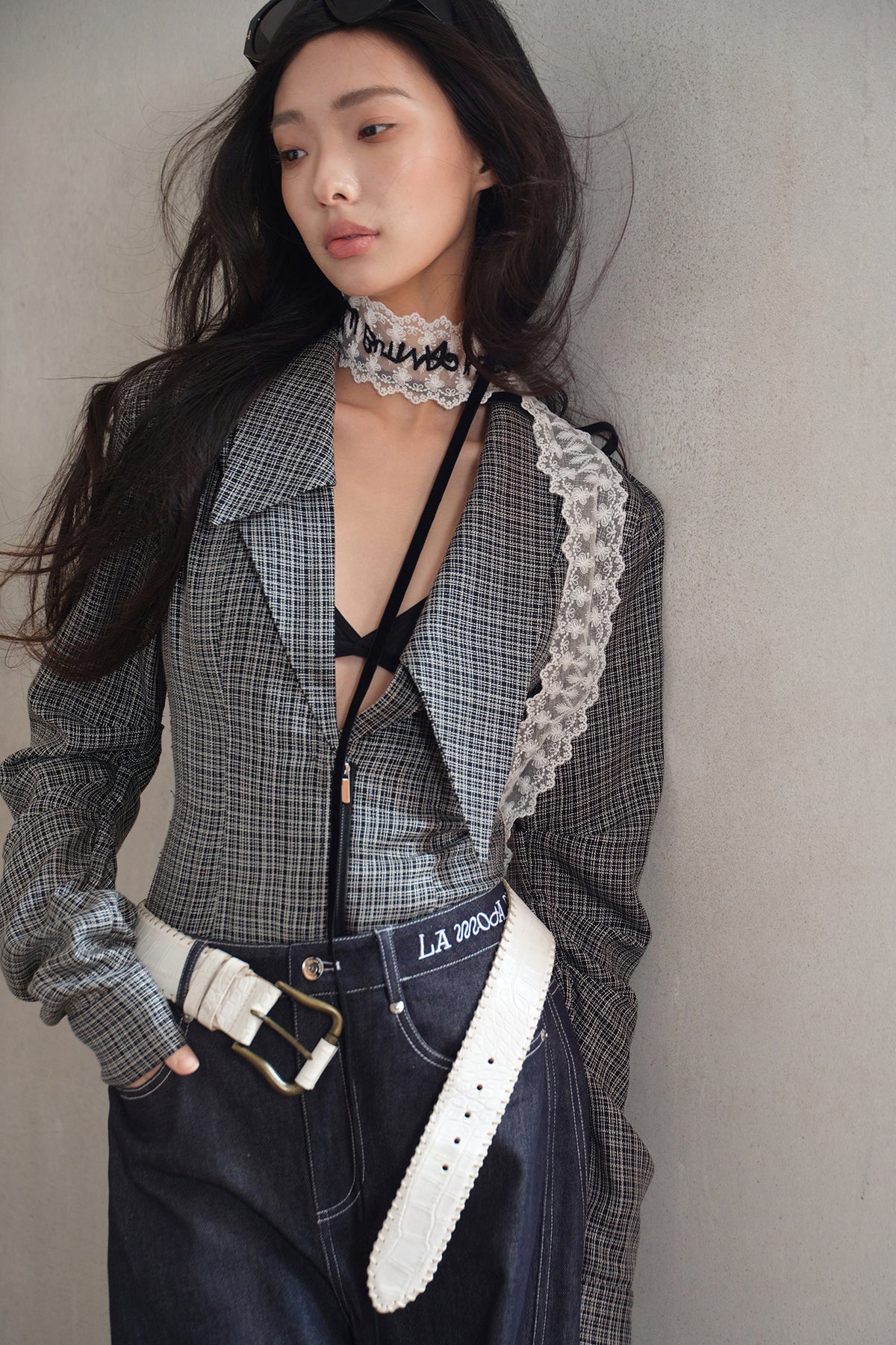 MXU Deconstructed Plaid Pleated Cinched-Waist Jacket