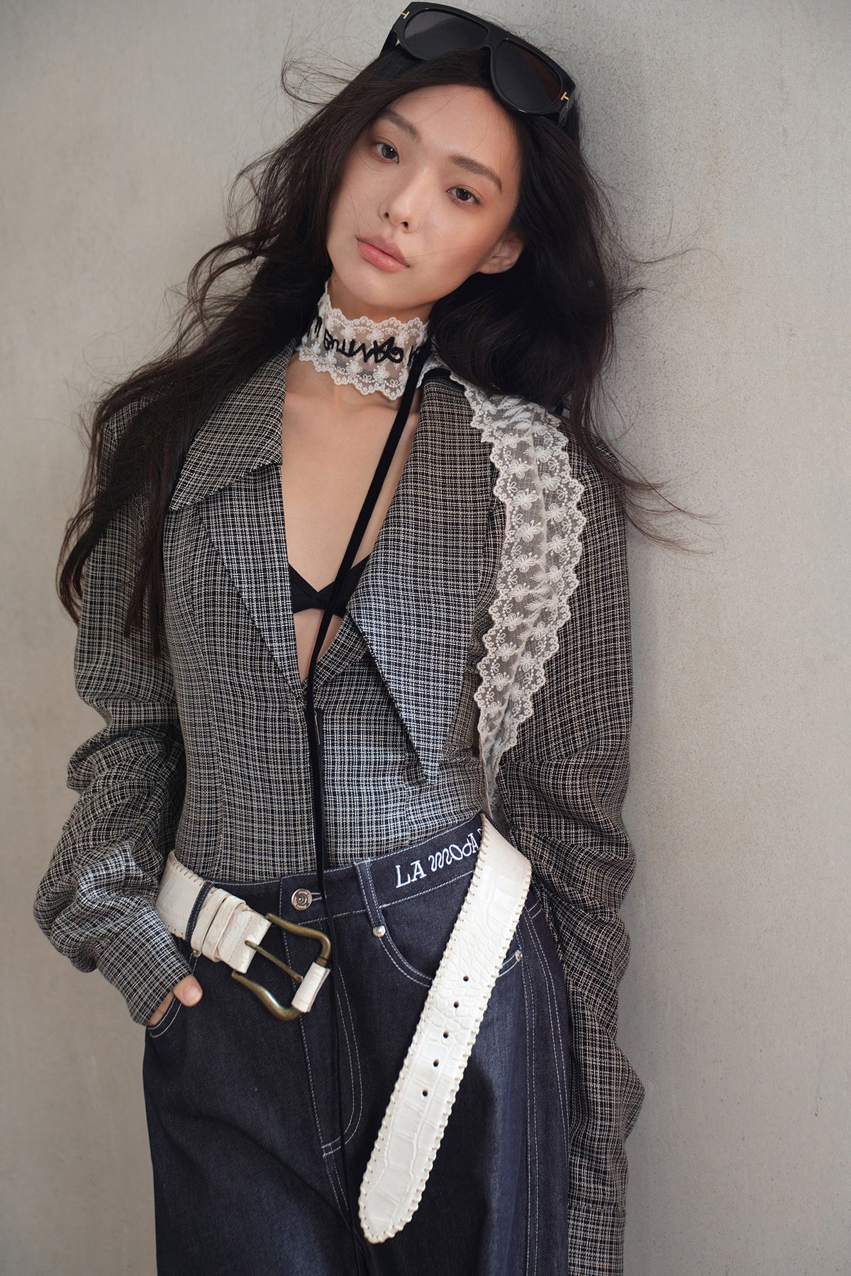 MXU Deconstructed Plaid Pleated Cinched-Waist Jacket