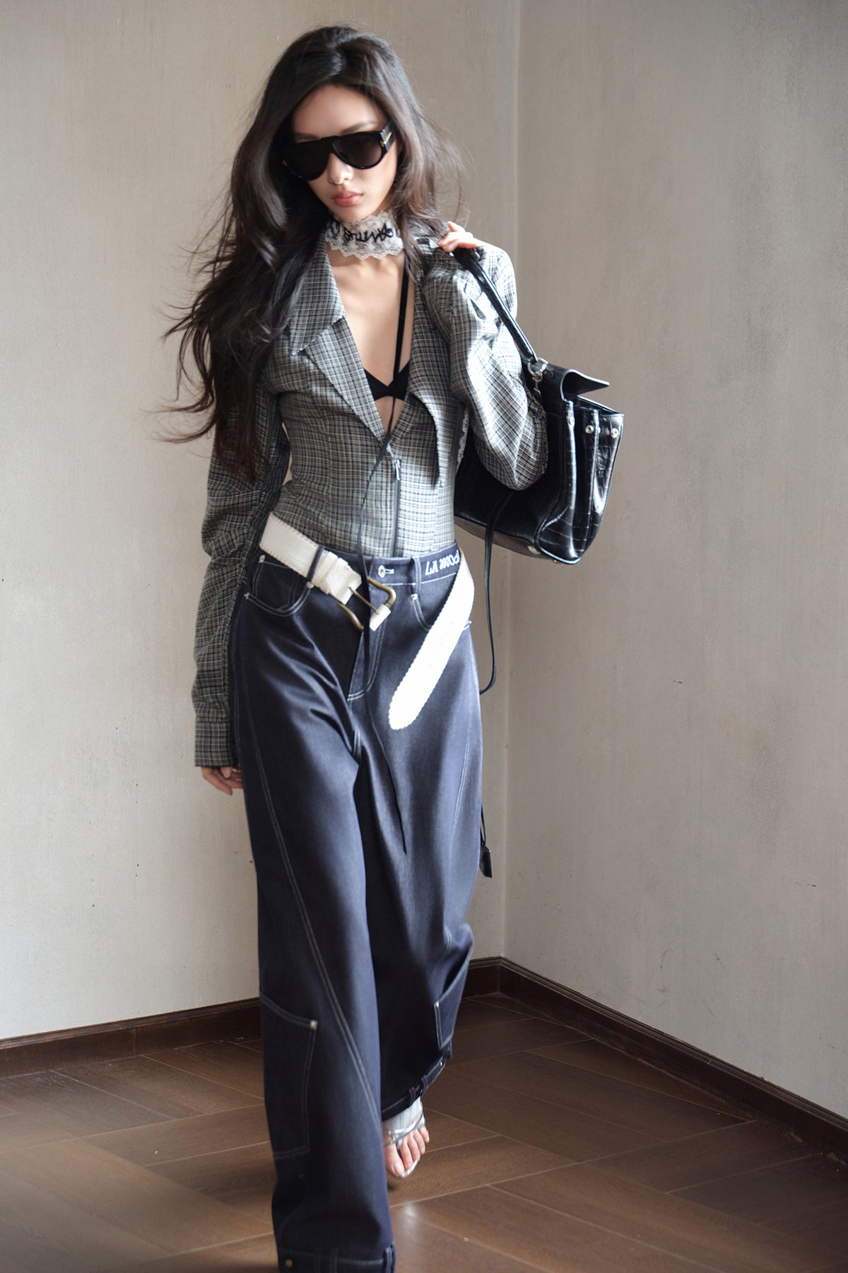 MXU Deconstructed Plaid Pleated Cinched-Waist Jacket