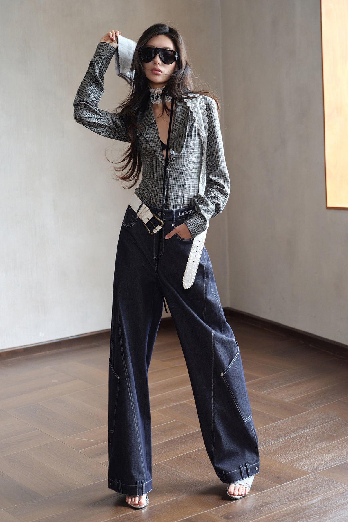 MXU Deconstructed Plaid Pleated Cinched-Waist Jacket