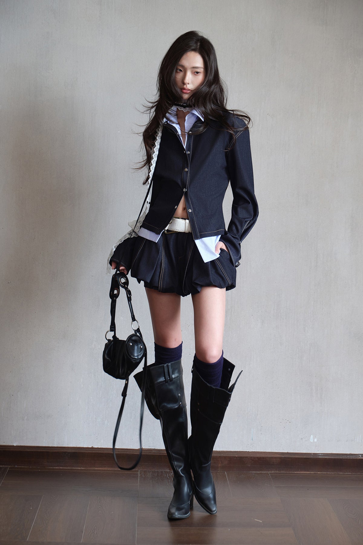 MXU Retro Contrast Detachable-Collar Denim Shirt & Puff Skort Set