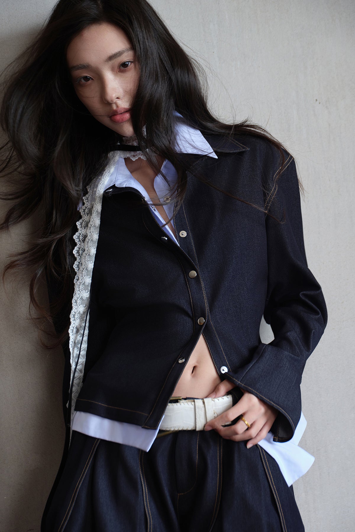 MXU Retro Contrast Detachable-Collar Denim Shirt & Puff Skort Set