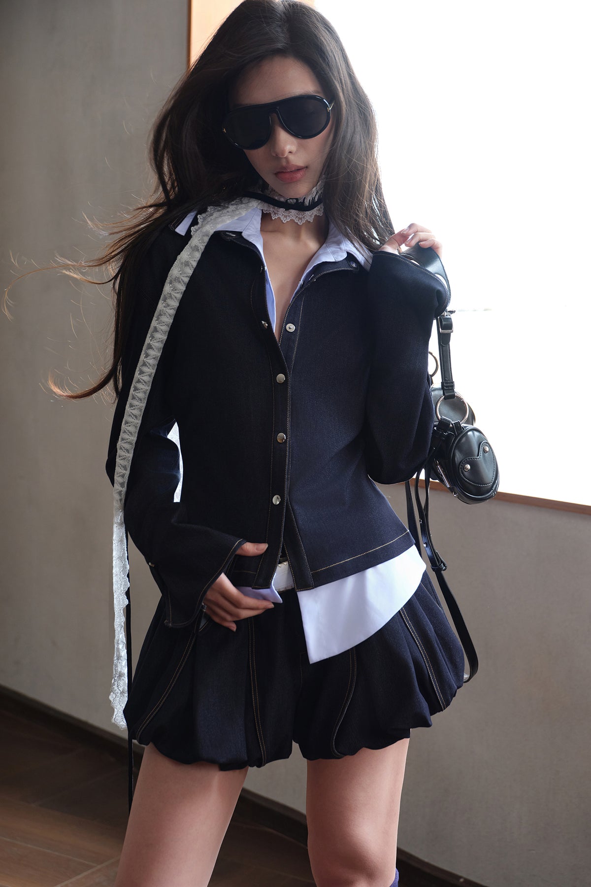 MXU Retro Contrast Detachable-Collar Denim Shirt & Puff Skort Set