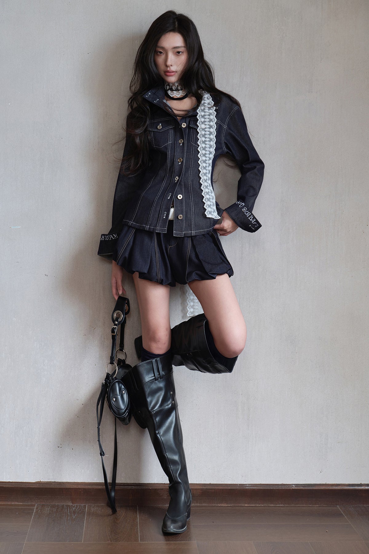 MXU Deconstructed Embroidered Silk-Cotton Cinched Denim Jacket