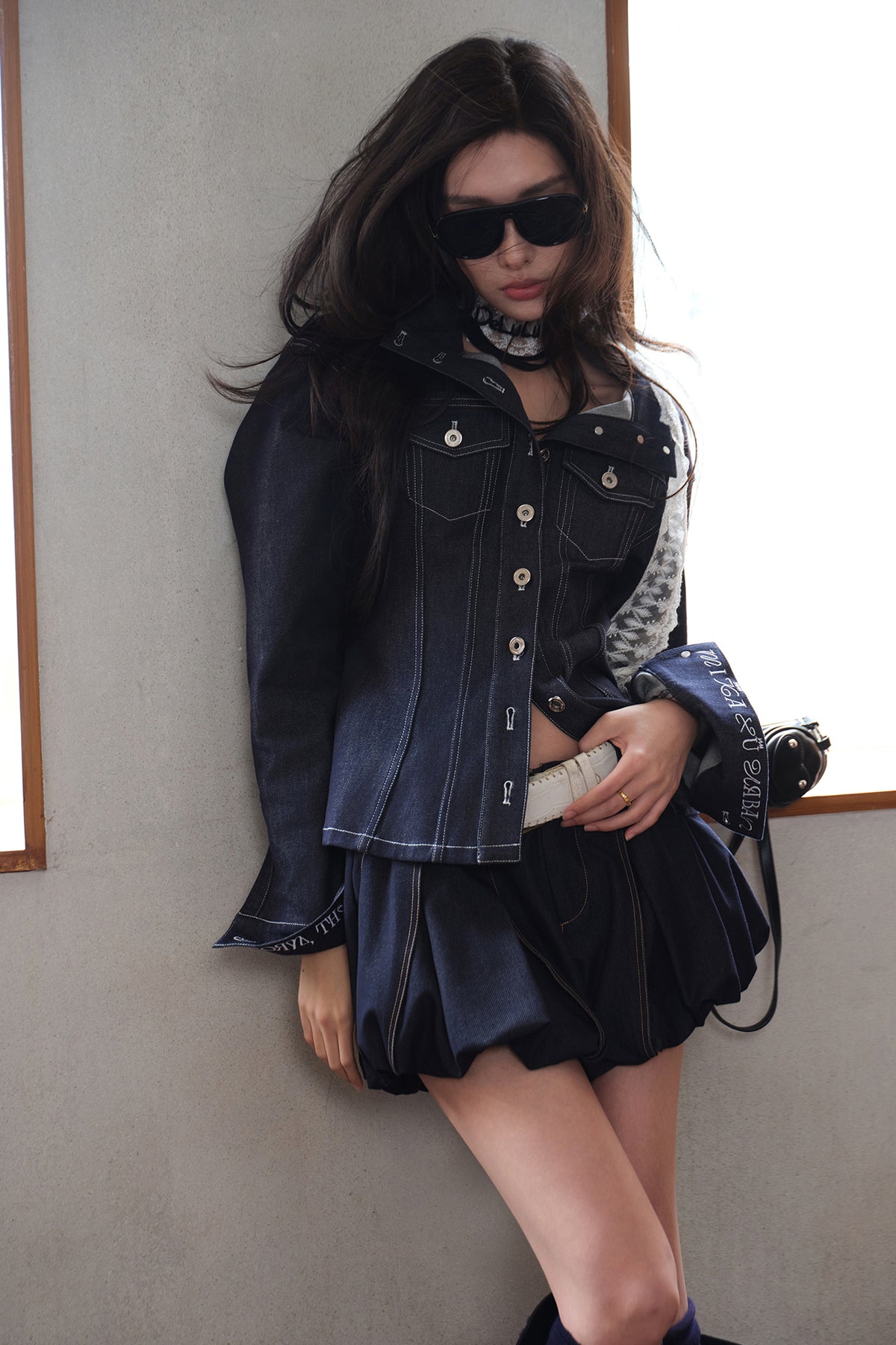 MXU Deconstructed Embroidered Silk-Cotton Cinched Denim Jacket