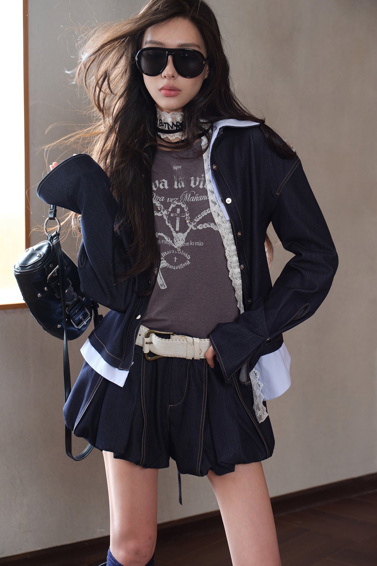 MXU Retro Contrast Detachable-Collar Denim Shirt & Puff Skort Set