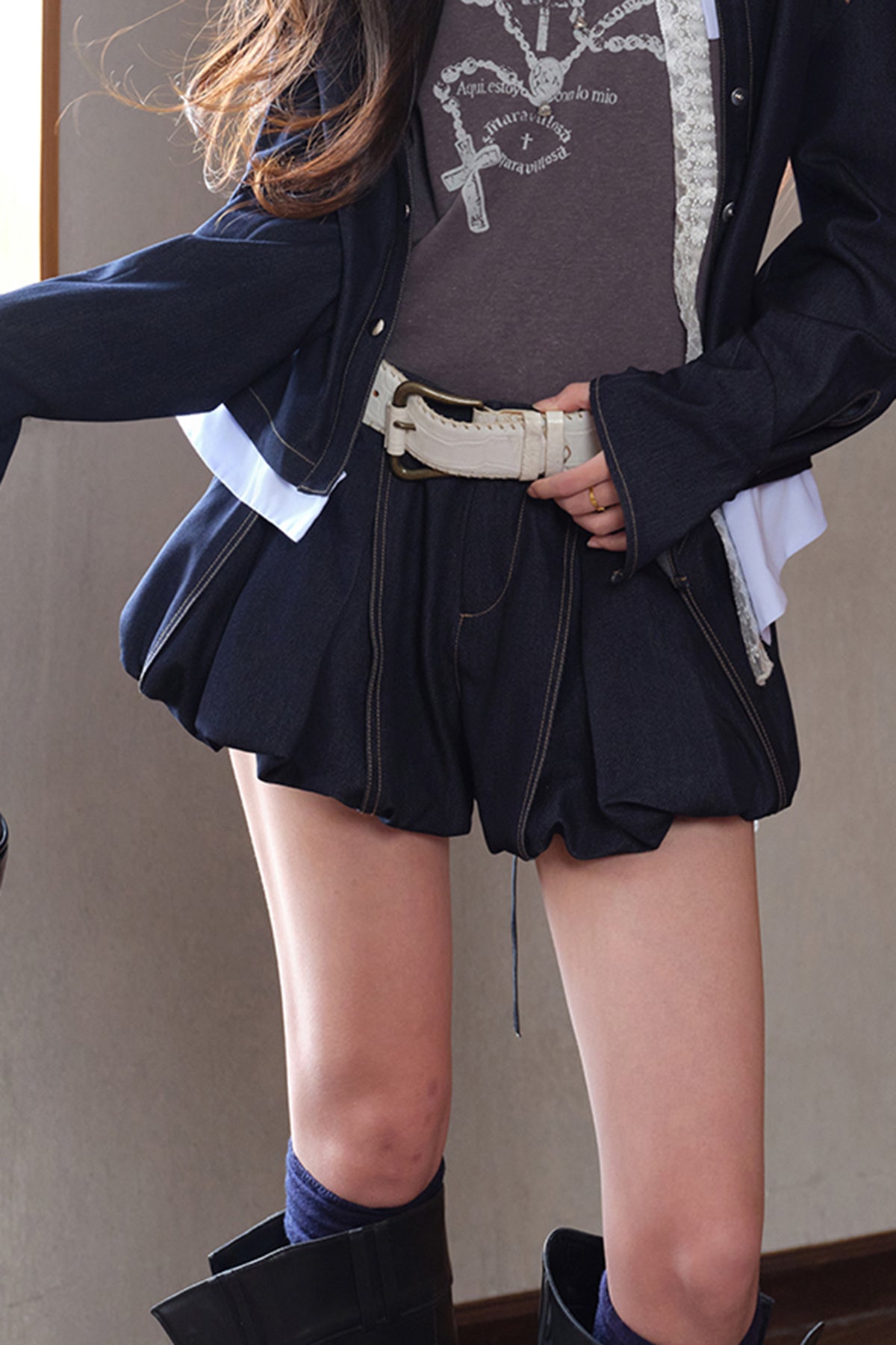 MXU Retro Contrast Detachable-Collar Denim Shirt & Puff Skort Set